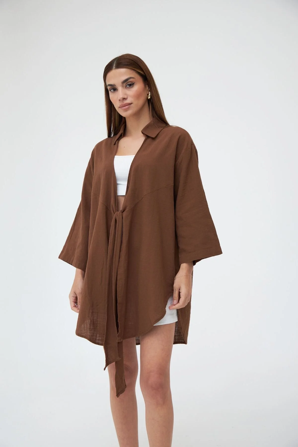 Laluvia  Coffee Flam Leinen-Kimono-Shirt