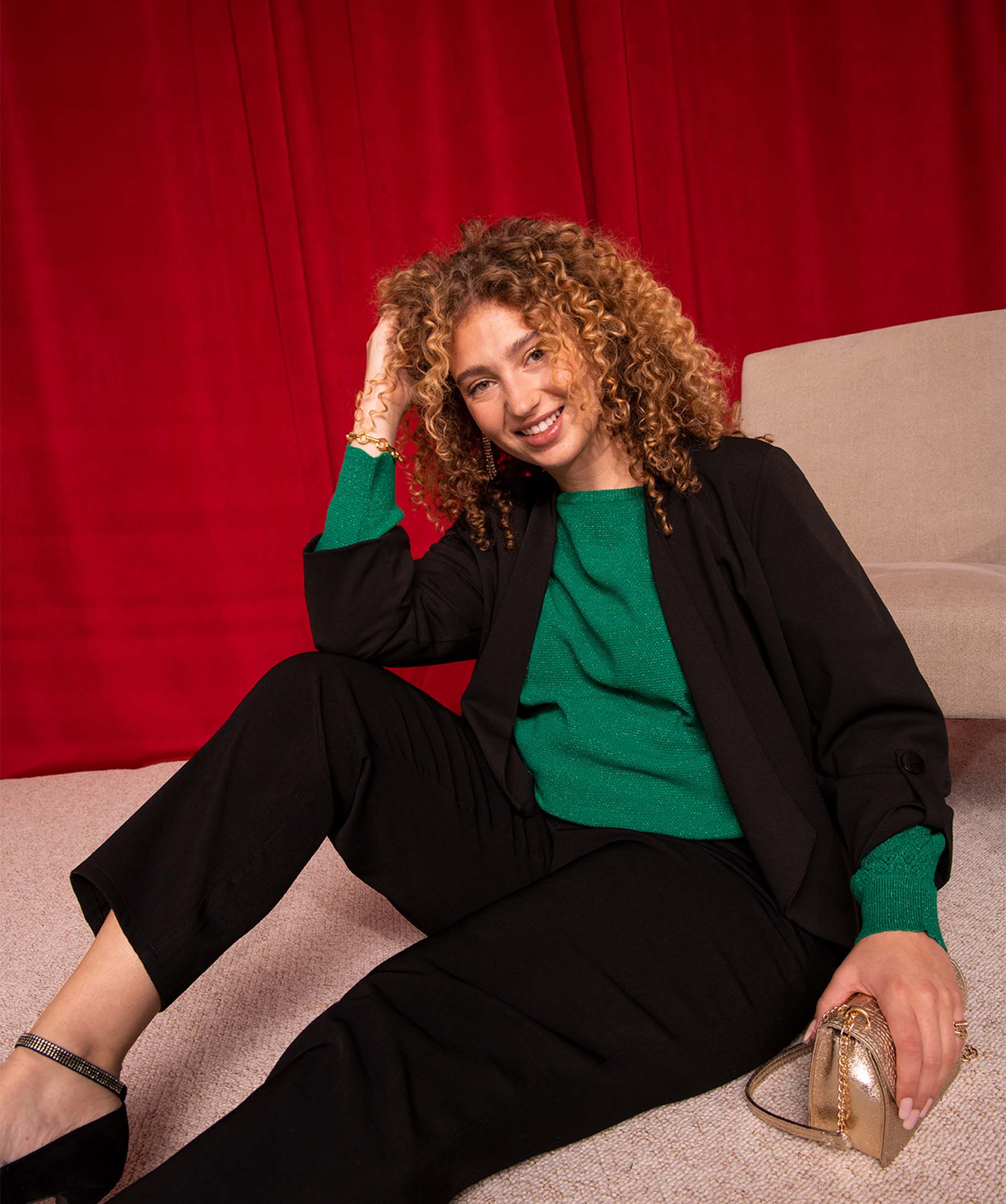 Pull femme grande taille en maille fantaisie pailletée vert | GEMO