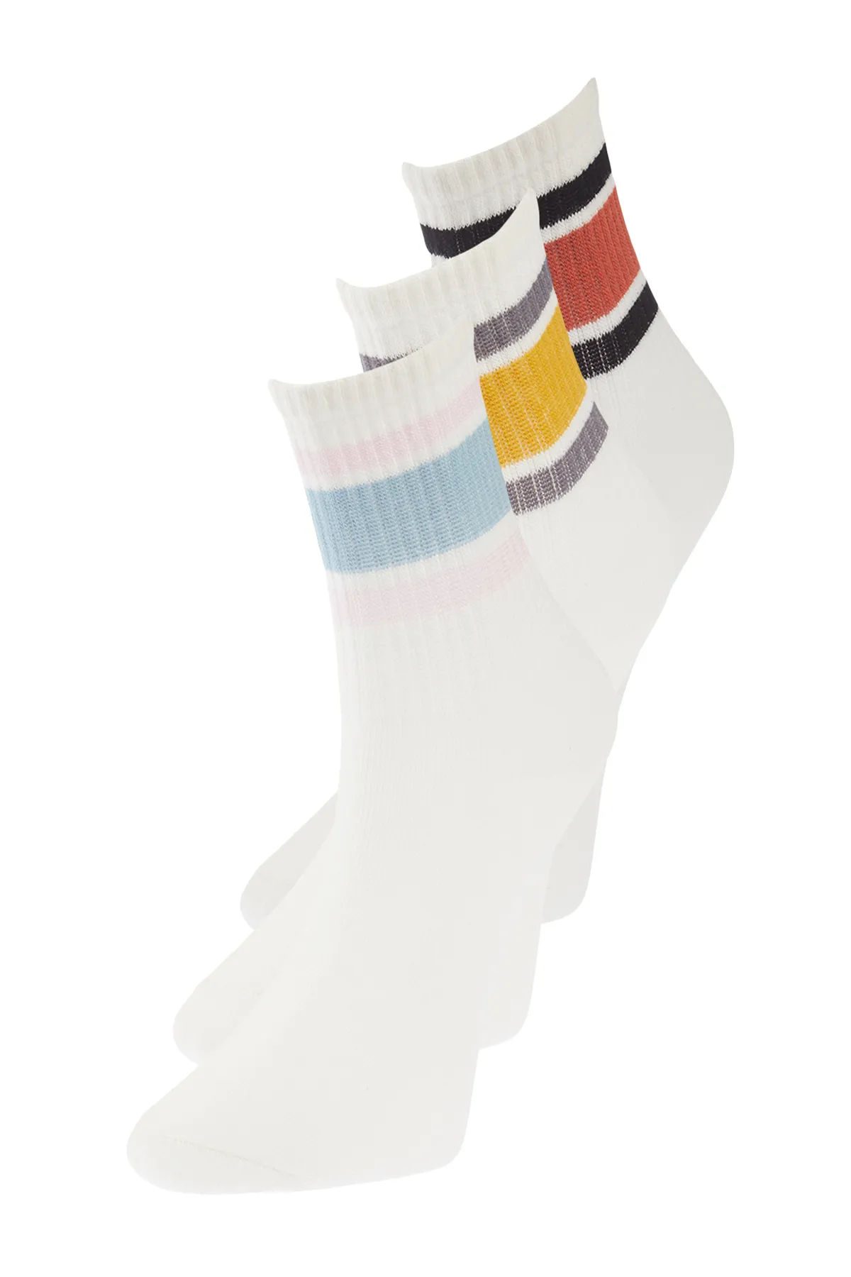 Trendyol Collection  Weiße gestreifte Stricksocken aus Baumwolle im 3er-Pack THMSS24CO00002