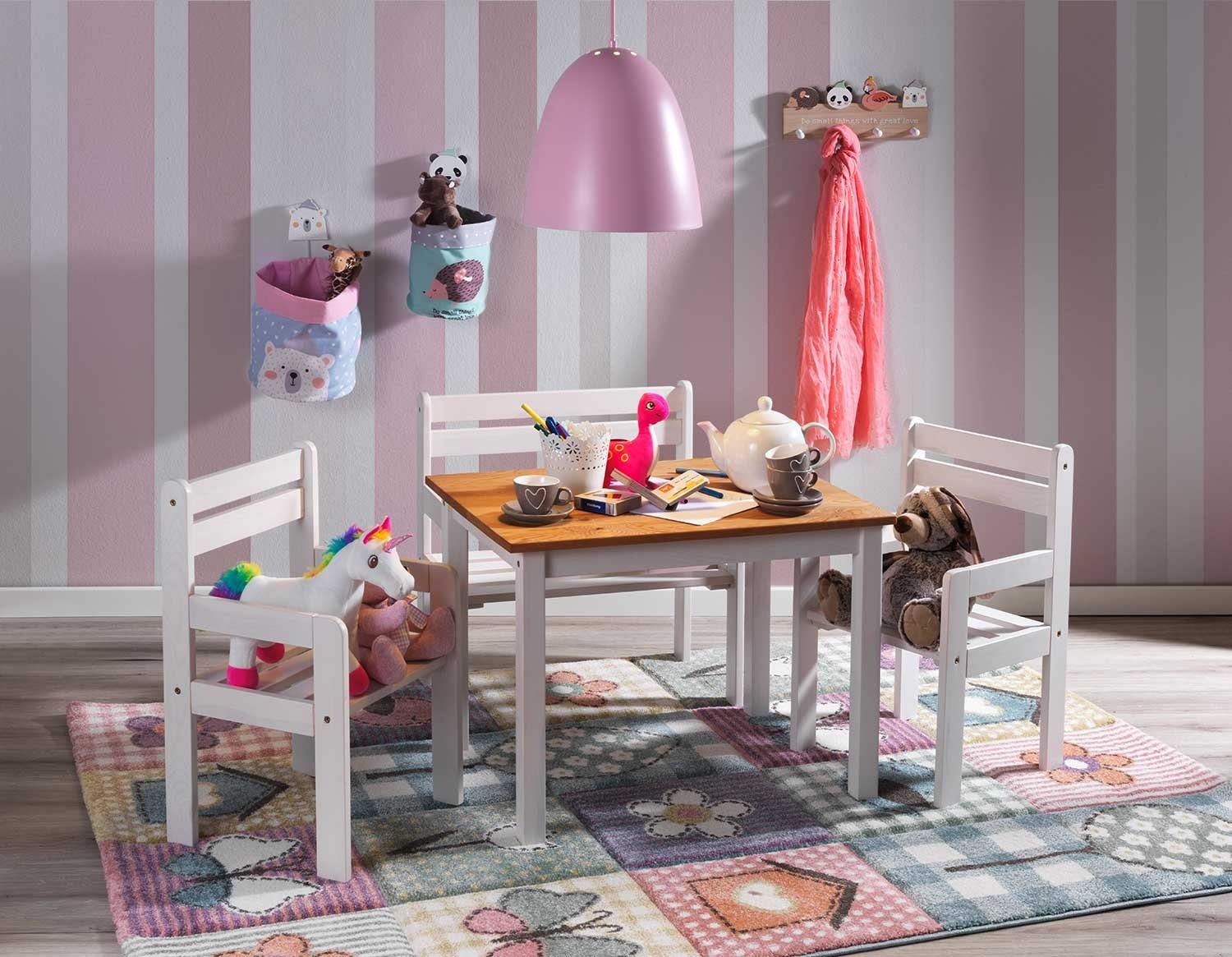 Home4You Kindersitzgruppe, Kiefernholz massiv, (4-tlg), mit 1 Tisch, 1 Sitzbank und 2 Stühlen