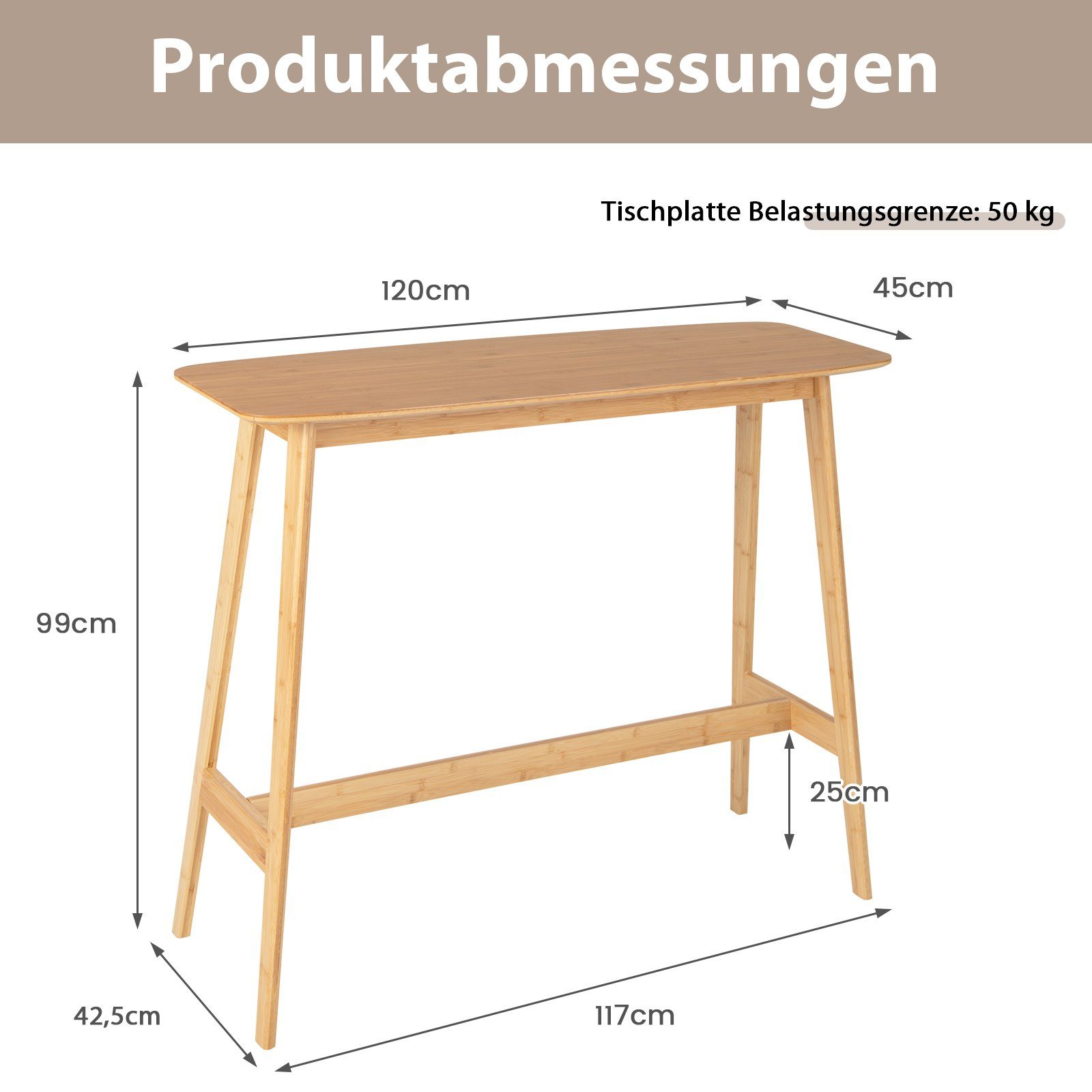 COSTWAY Bartisch Stehtisch 120 x 45 x 99 cm, Bambus