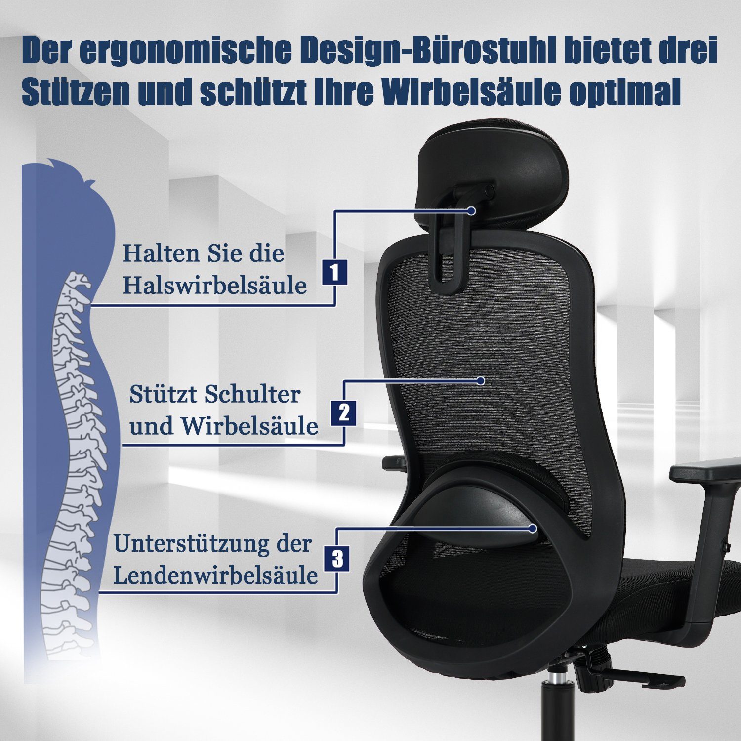 Durrafy Bürostuhl Bürostuhl Ergonomischer,Chefsessel,Schreibtischstuhl, mit Wippfunktion bis 130°, Leise rollen, Bürostuhl 150 KG