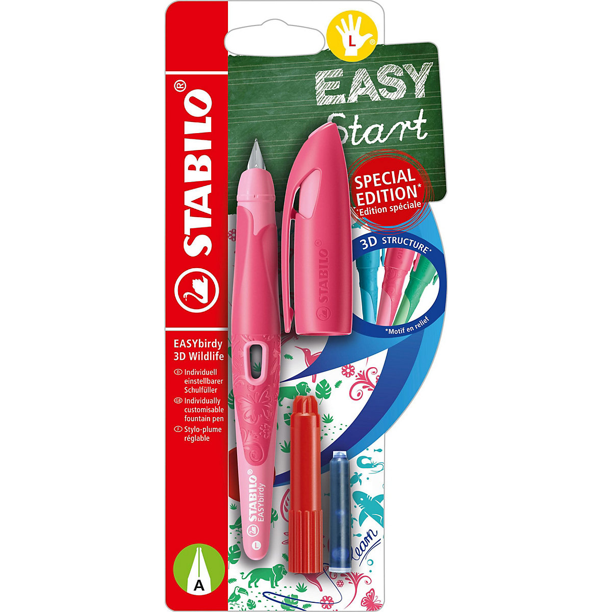 Schulfüller EASYbirdy Linkshänder A-Feder 3D Wildlife Special Edition rosa, inkl. Patrone und Einstellwerkzeug