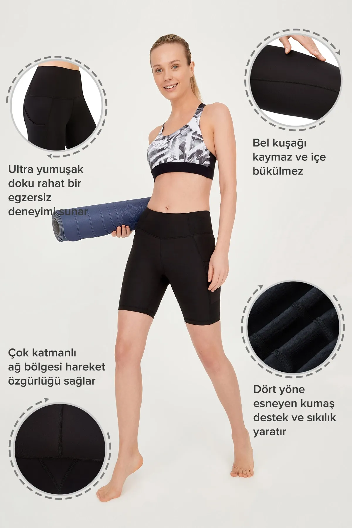LOS OJOS  Schwarze Damen-Sportstrumpfhose mit hoher Taille, glättenden Biker-Shorts mit zwei Taschen und kurzen Sportstrumpfhosen