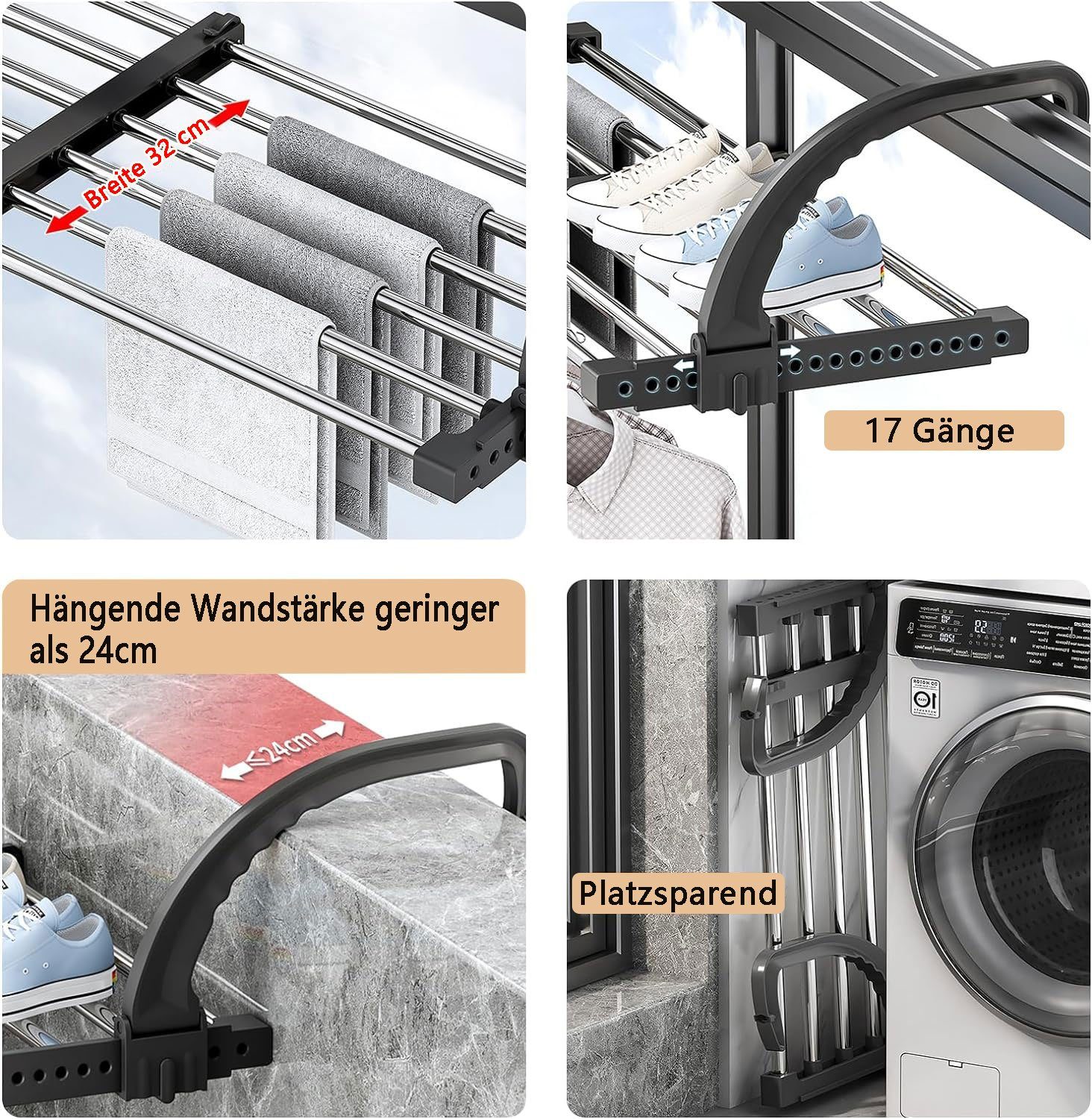 Sarfly Wäscheständer Heizkörper-Wäschetrockner, Balkonwäschetrockner, Wäschetrockner Wand, Edelstahl, Ausziehbar, Winddicht Sockenaufhänger