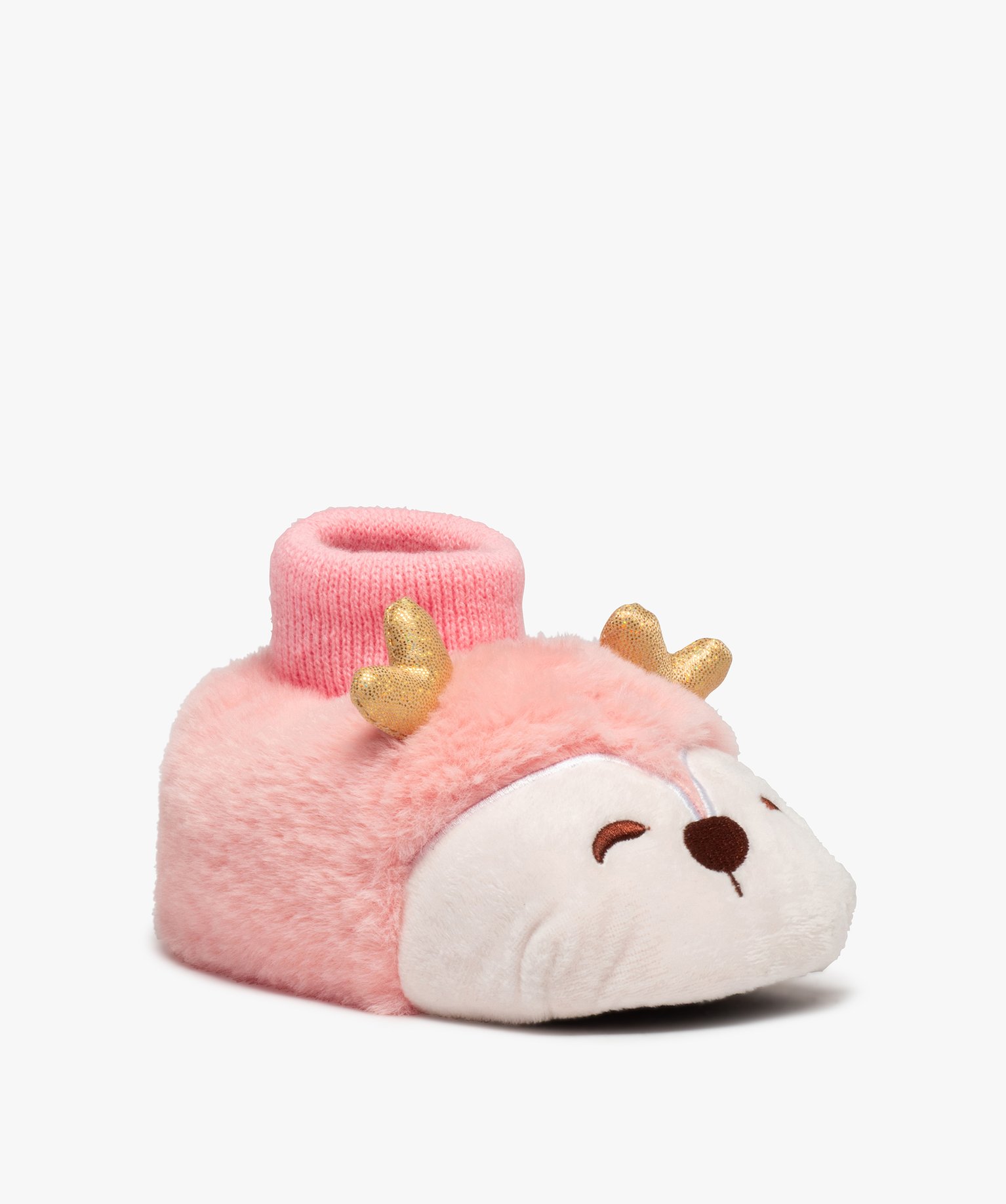 Chaussons fille peluche petit animal à col chaussette rose | GEMO