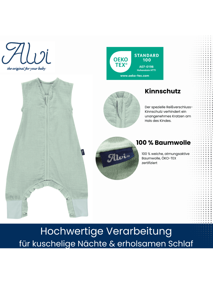 Alvi Sleep-Overall Mull-Schlafsack light Exklusiv in Hellgrün günstig kaufen