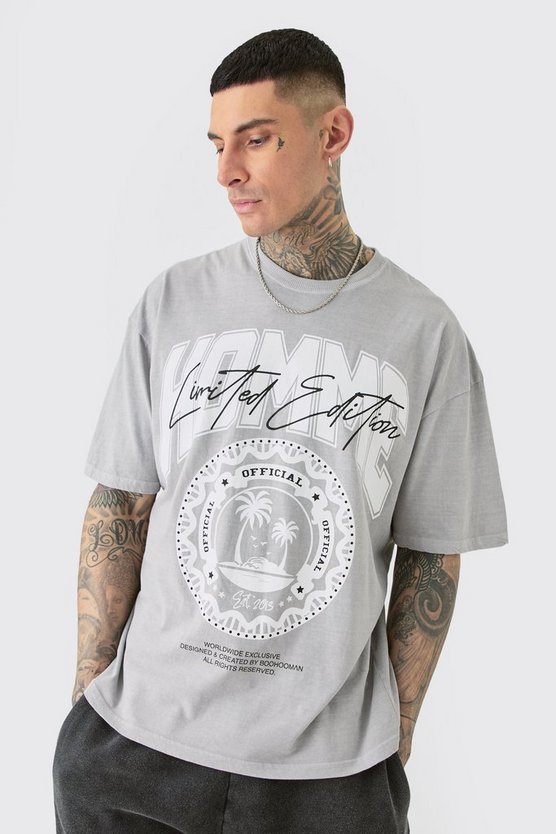Tall graues T-Shirt mit Homme Palmen-Print