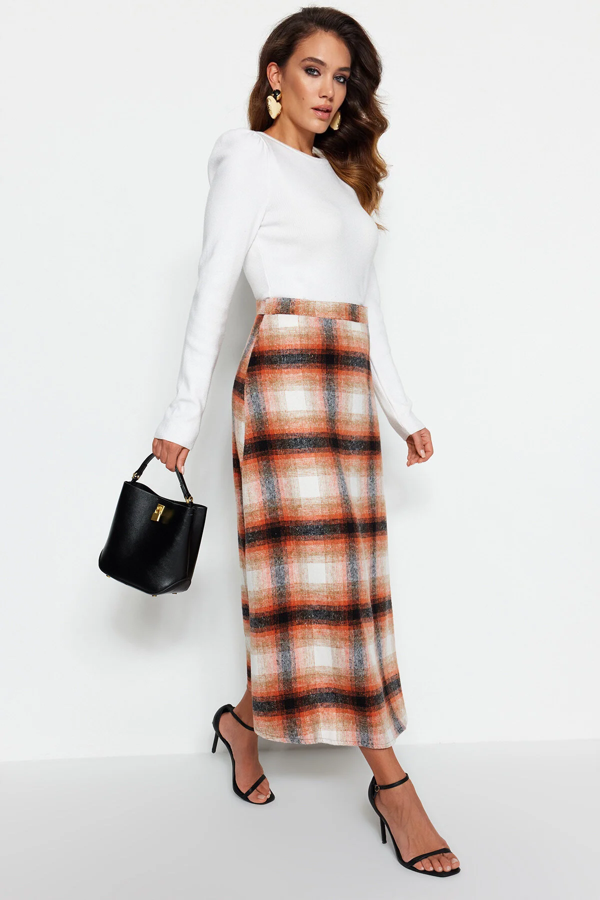 Trendyol Modest  Orange karierter Winterrock TCTAW22EE0006