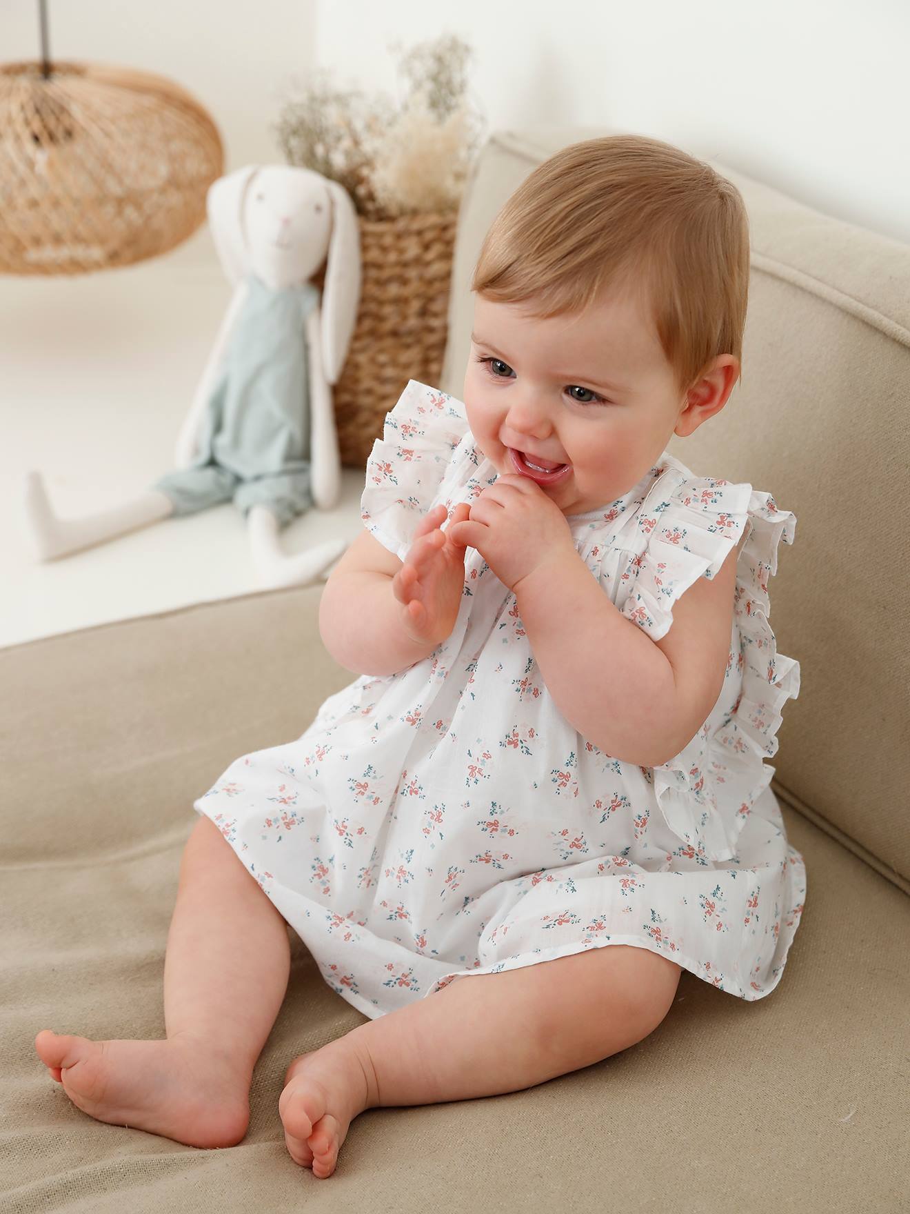 Robe fleurie bébé à volants ivoire imprimé