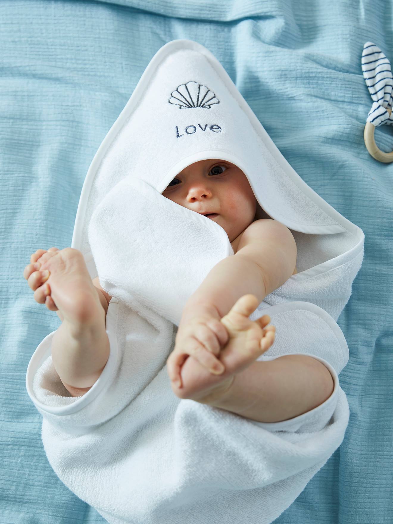 Vertbaudet Baby Kapuzenbadetuch & Waschhandschuh Oeko-Tex, personalisierbar - blau
