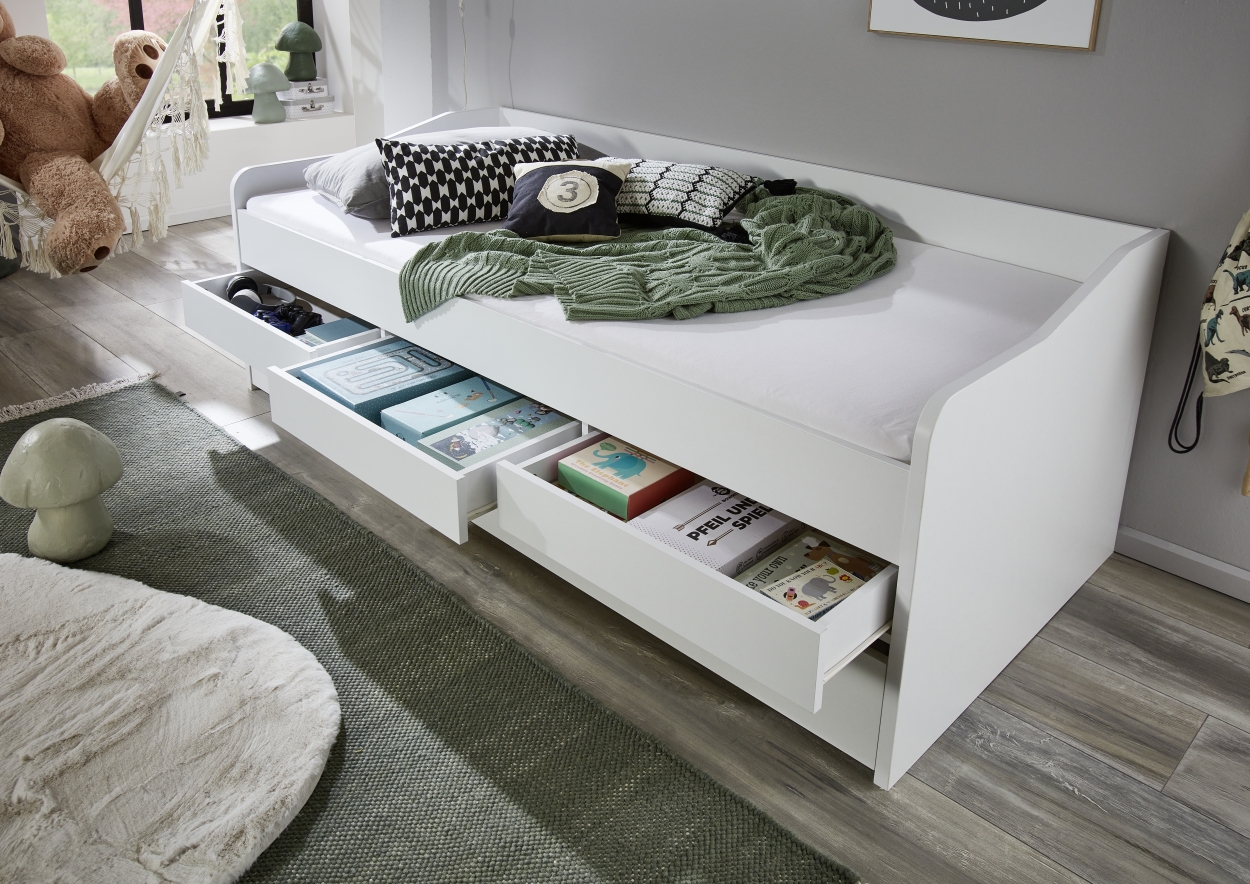 Relita Funktionsbett JILL 90x200 ohne Lattenrost, 3 Schubladen u. Bettschublade Dekor Weiß