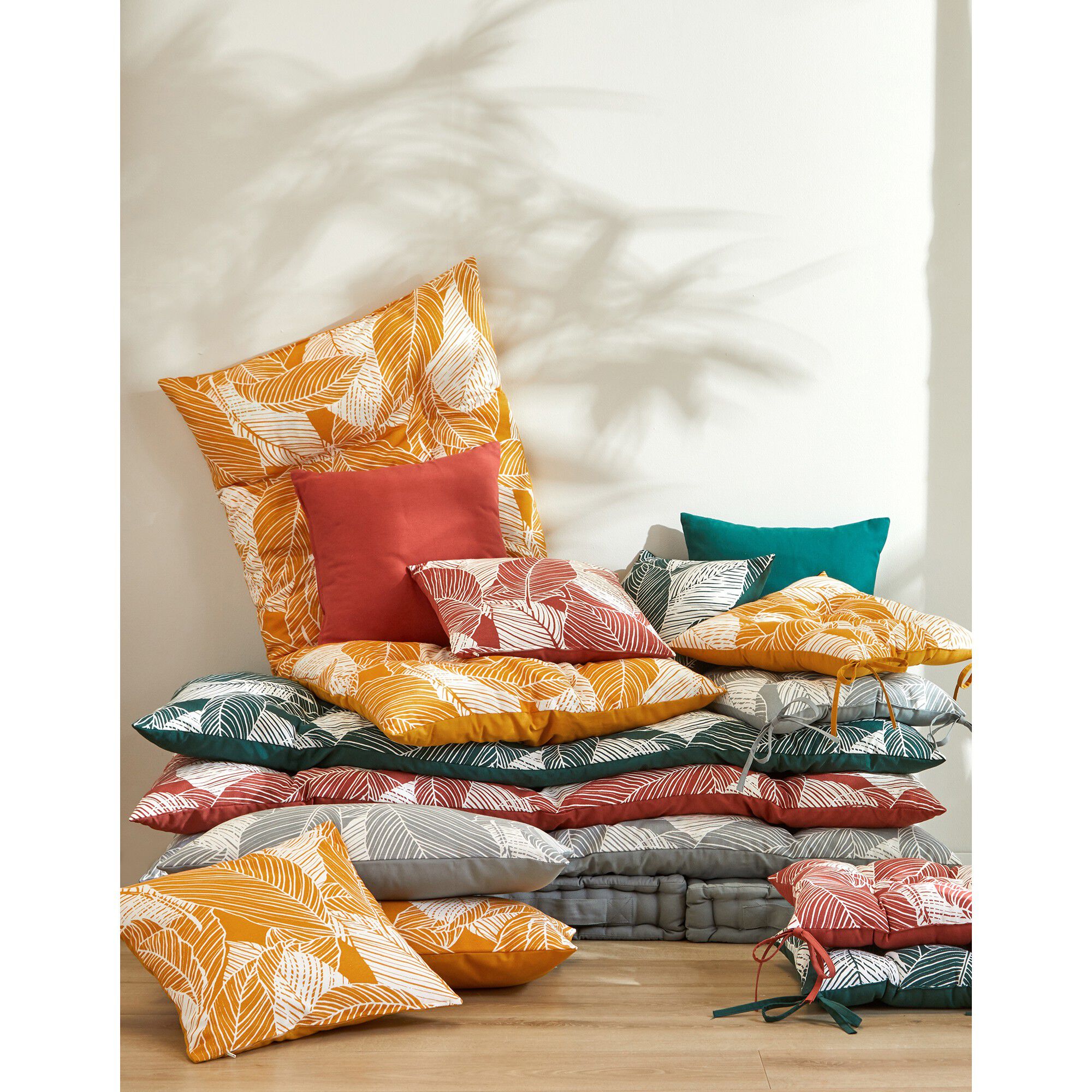 Long coussin déco coton imprimé feuillage