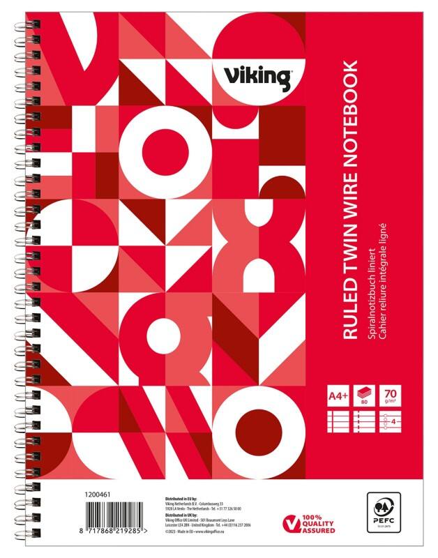 Viking Notizbuch DINA4  Liniert Doppeldraht Seitlich gebunden Papier Softcover Rot Perforiert 160 Seiten 5 Stück
