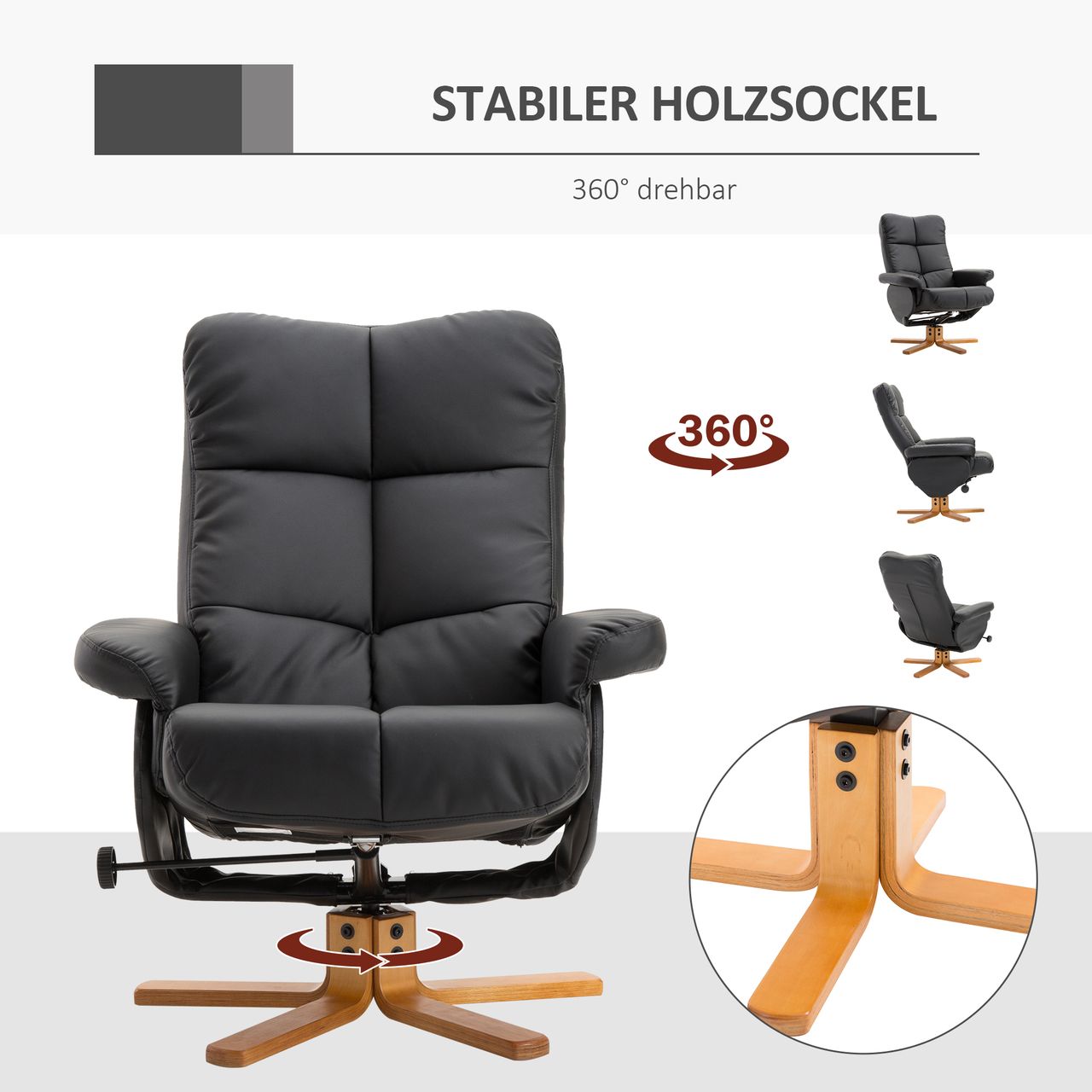 HOMCOM Relaxsessel Fernsehsessel 360° drehbarer Sessel mit Hocker Liegefunktion Holzgestell Schwarz 80 x 86 x 99cm