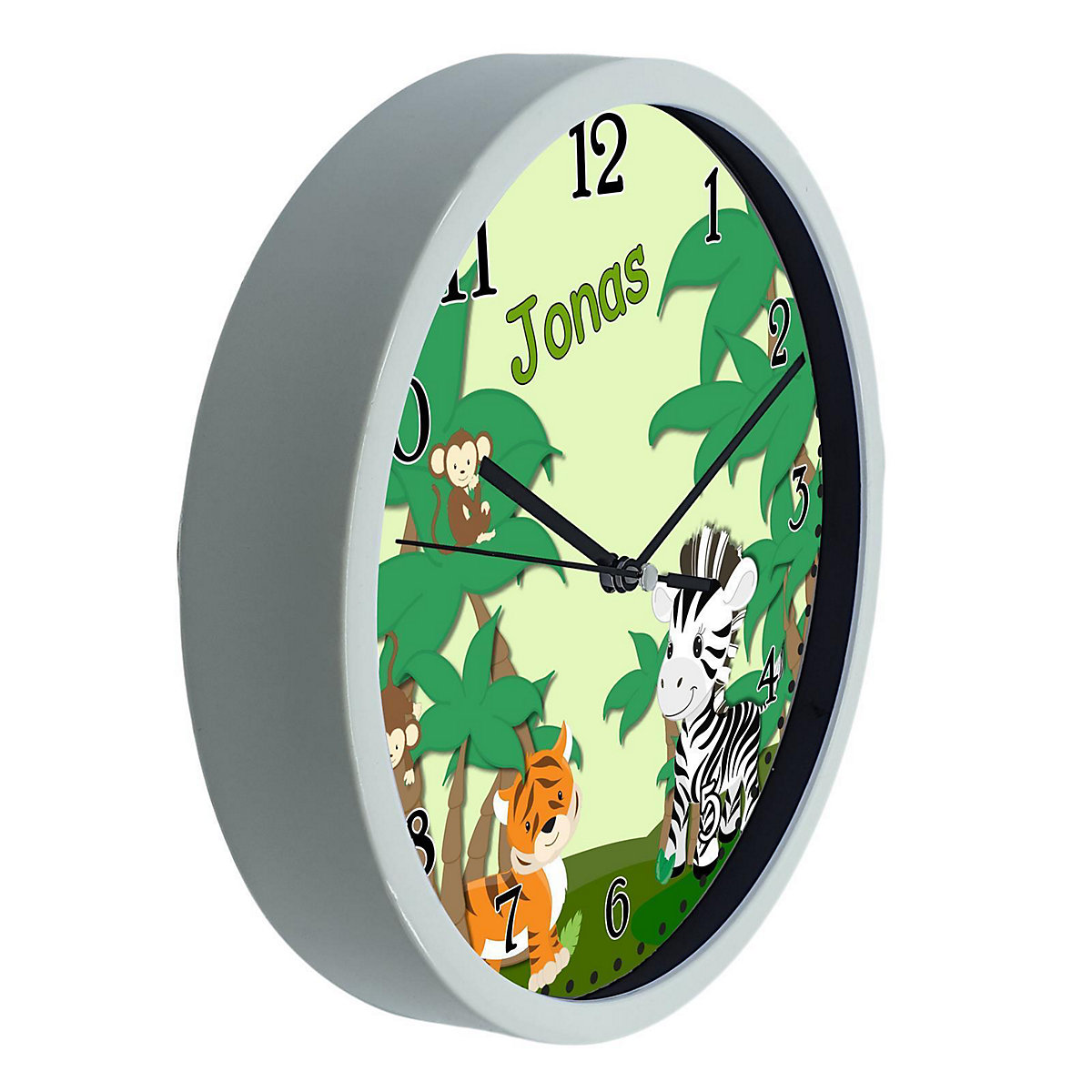 Kinder Wanduhr laufruhig personalisiert mit Name Safari-Zebra