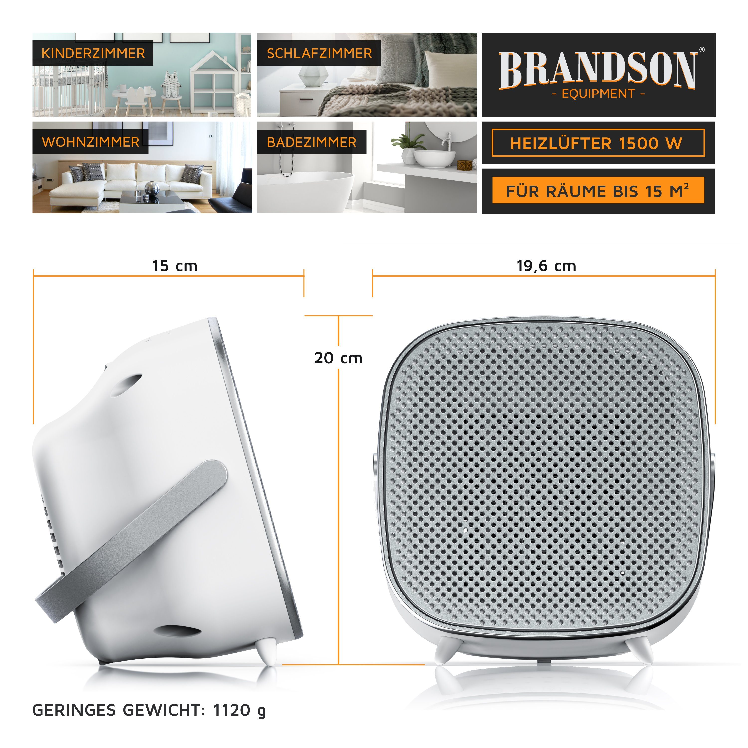 Brandson Keramikheizlüfter, 1500 W, Badezimmer Schnellheizer mit Temperaturregelung, energiesparend, leise