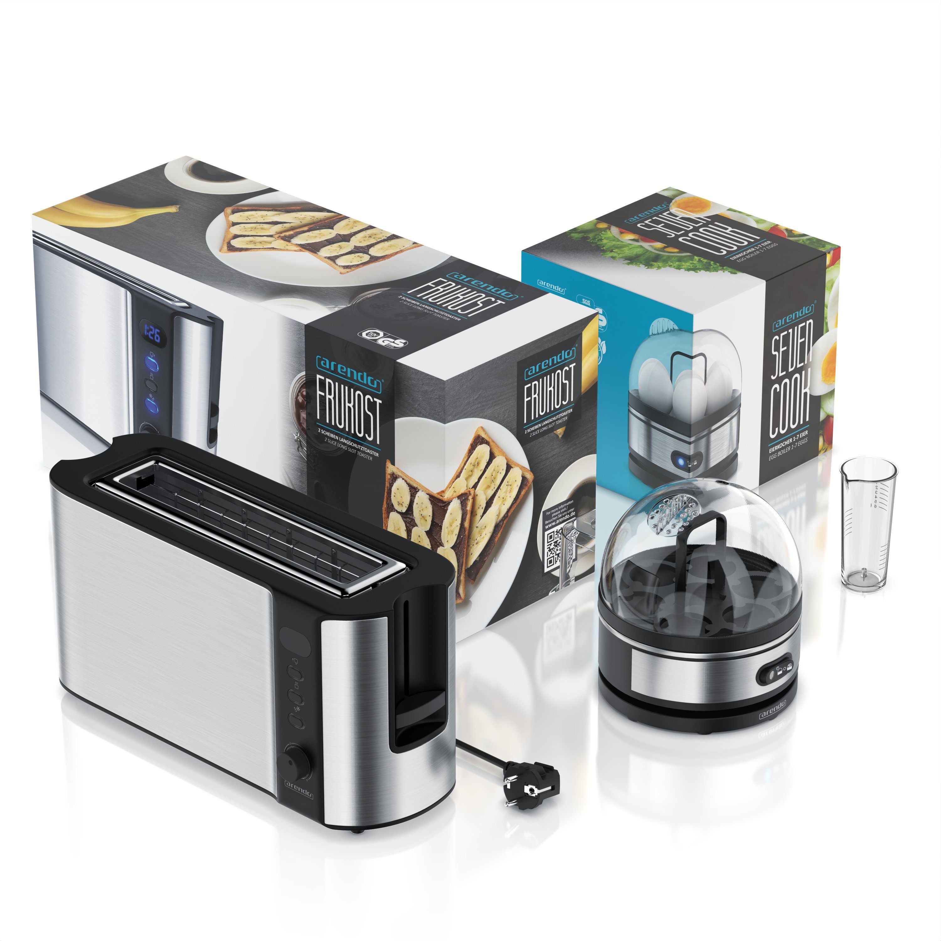 Arendo Frühstücks-Set (2-tlg), 2-Scheiben Langschlitz Toaster, 7er Eierkocher, Silber