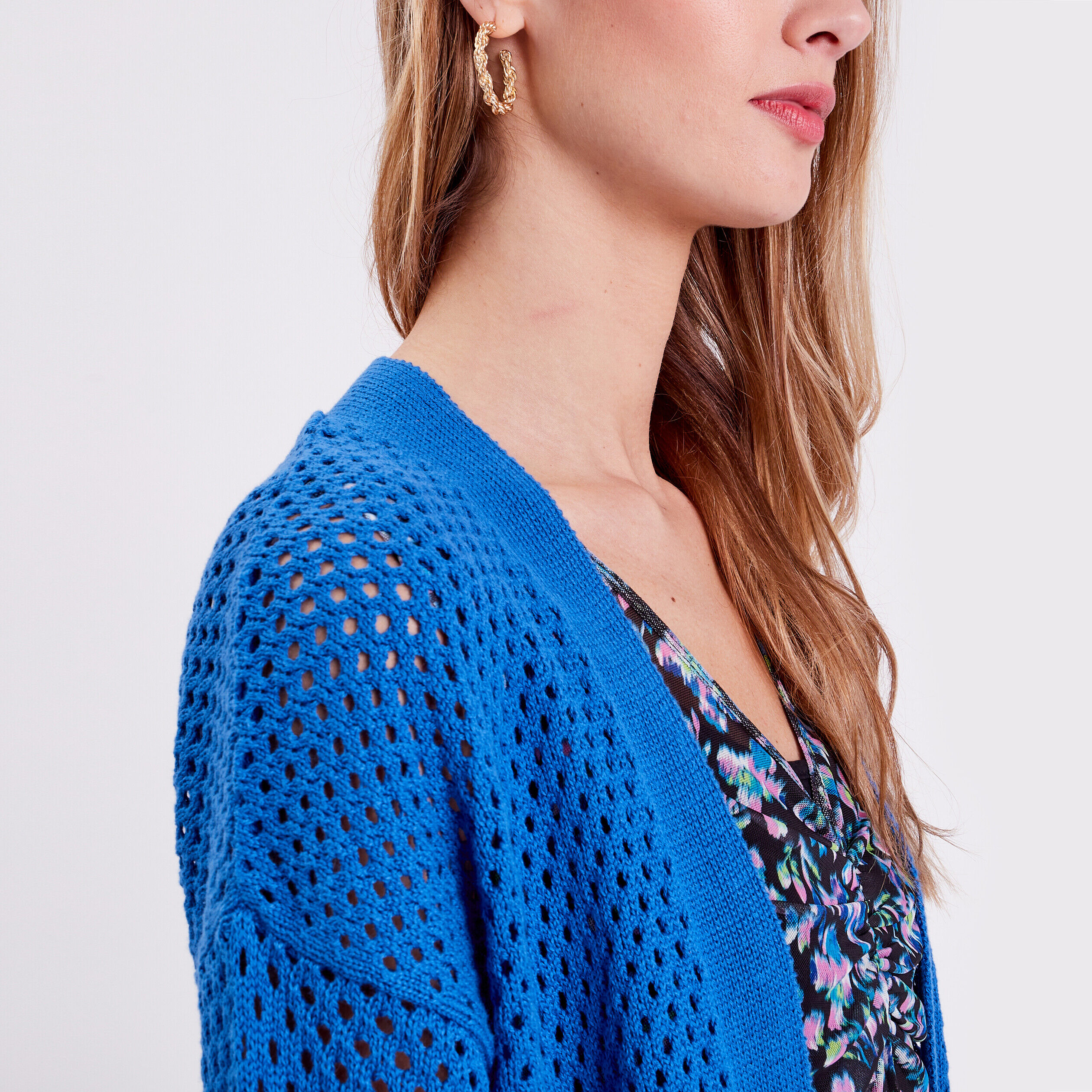 Gilet long ajouré bleu electrique femme | Cache Cache