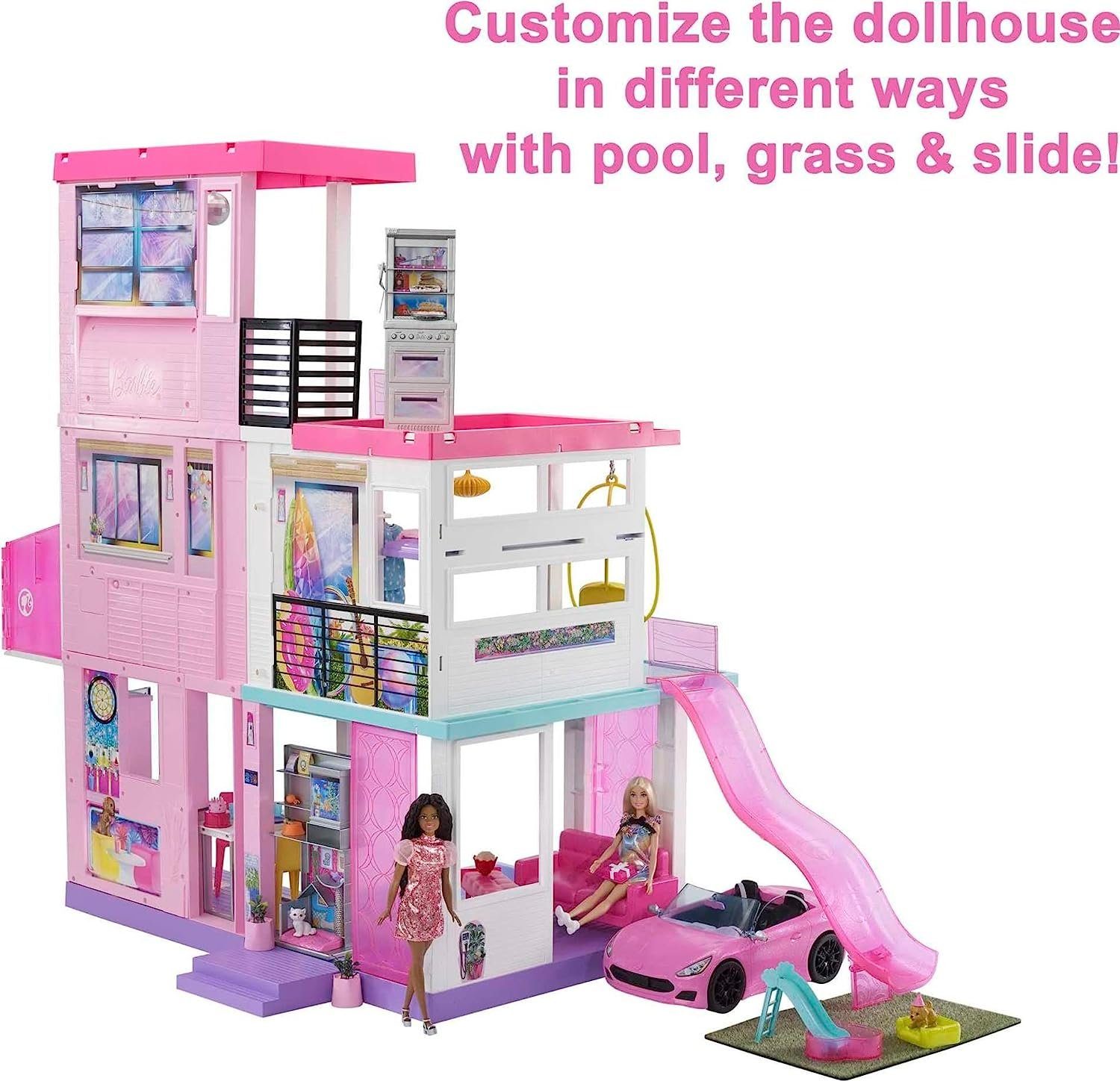 Barbie Puppenhaus Jubiläums Edition, 3-stöckiges Puppenhaus mit 6 Zimmern, Barbie-Pool, (Dreamhouse, Puppen Haus, Puppenhäuser, Set, mit Rutsche, 100-tlg., ab 3 jahren, Puppenvilla Dollhouse, Film, Beleuchtung), Puppenhaus Barbie xxl groß, The Movie,