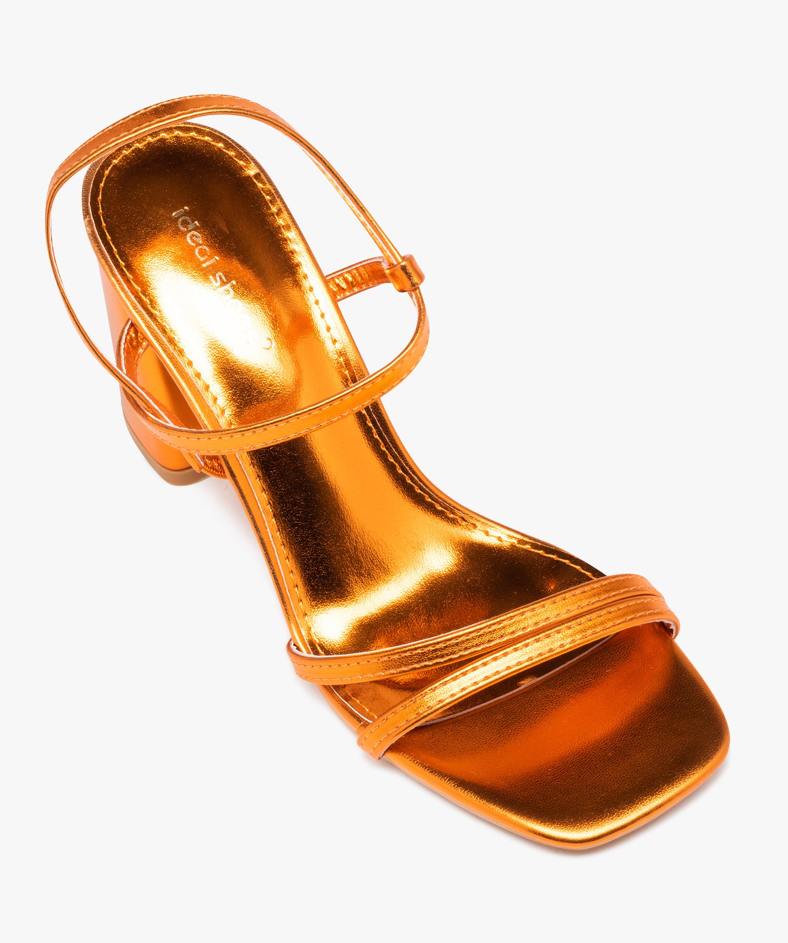 Sandales femme à talon carré et fines brides métallisées orange | GEMO
