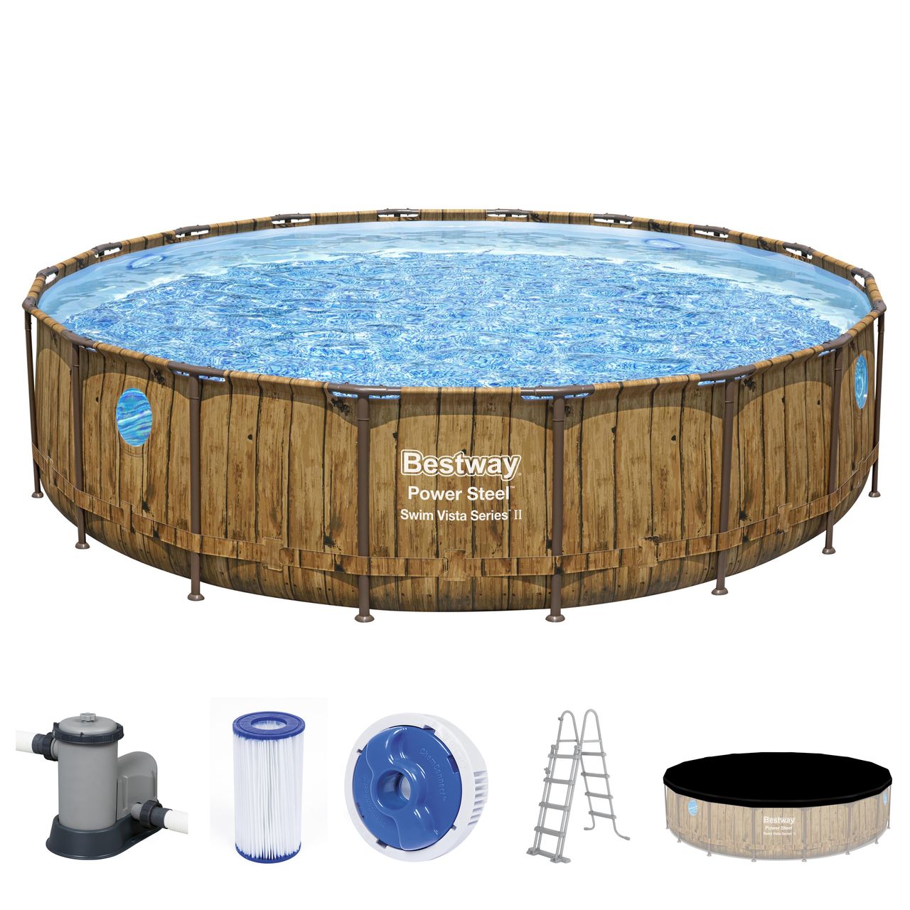 Bestway Power Steel™ Swim Vista Series™ Frame Pool Komplett-Set mit Filterpumpe, Holz-Optik
