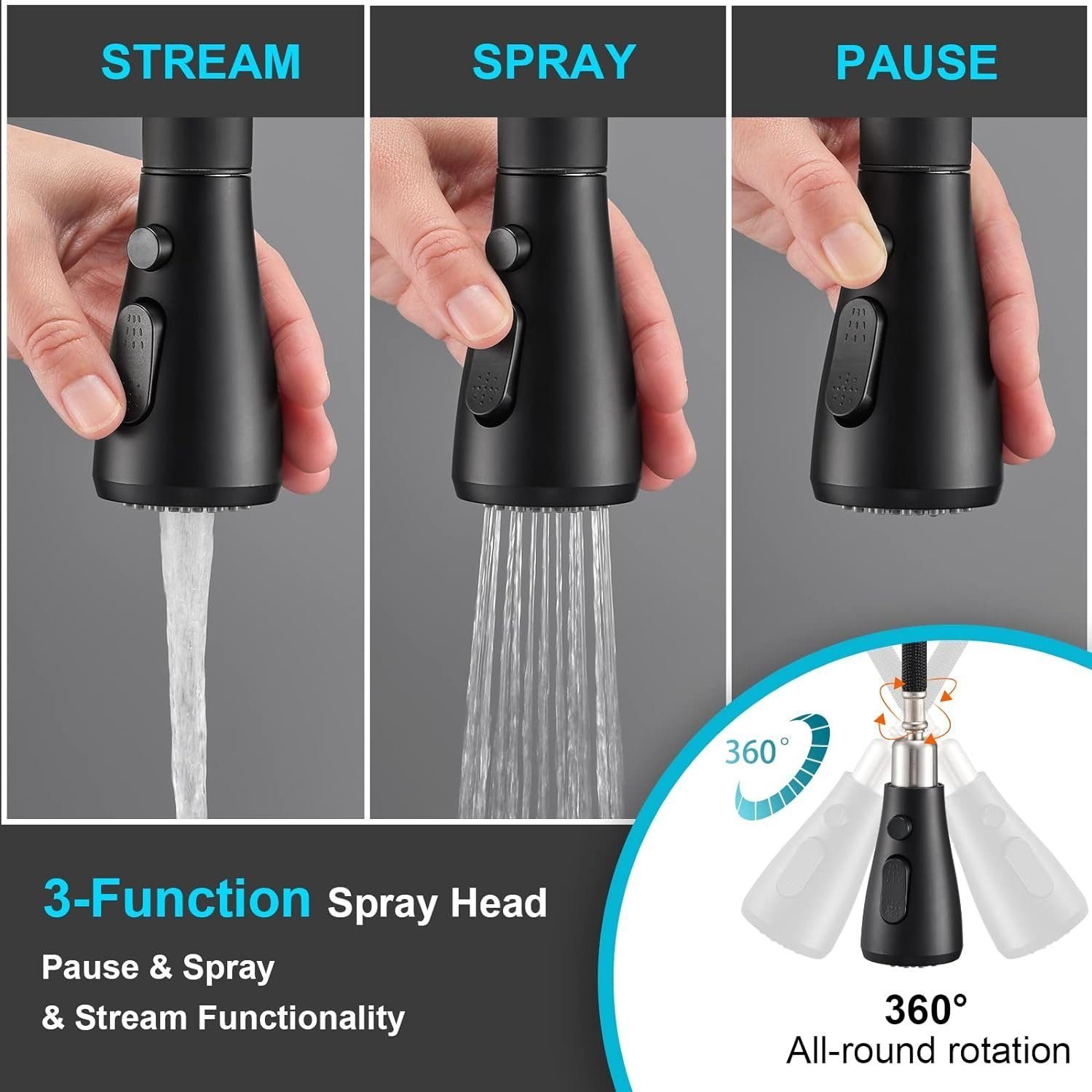 Tisoutec Waschtischarmatur Wasserhahn Bad Schwarz,Waschtischarmatur Waschbecken-Küchenarmatur (schwarz,mit Handbrause,Küchenarmatur,ausziehbar,Küchenarmatur,2 Strahlarten,360 Grad drehbar,Wasserhahn aus Edelstahl 304,Armatur mit Herausziehbar Brause