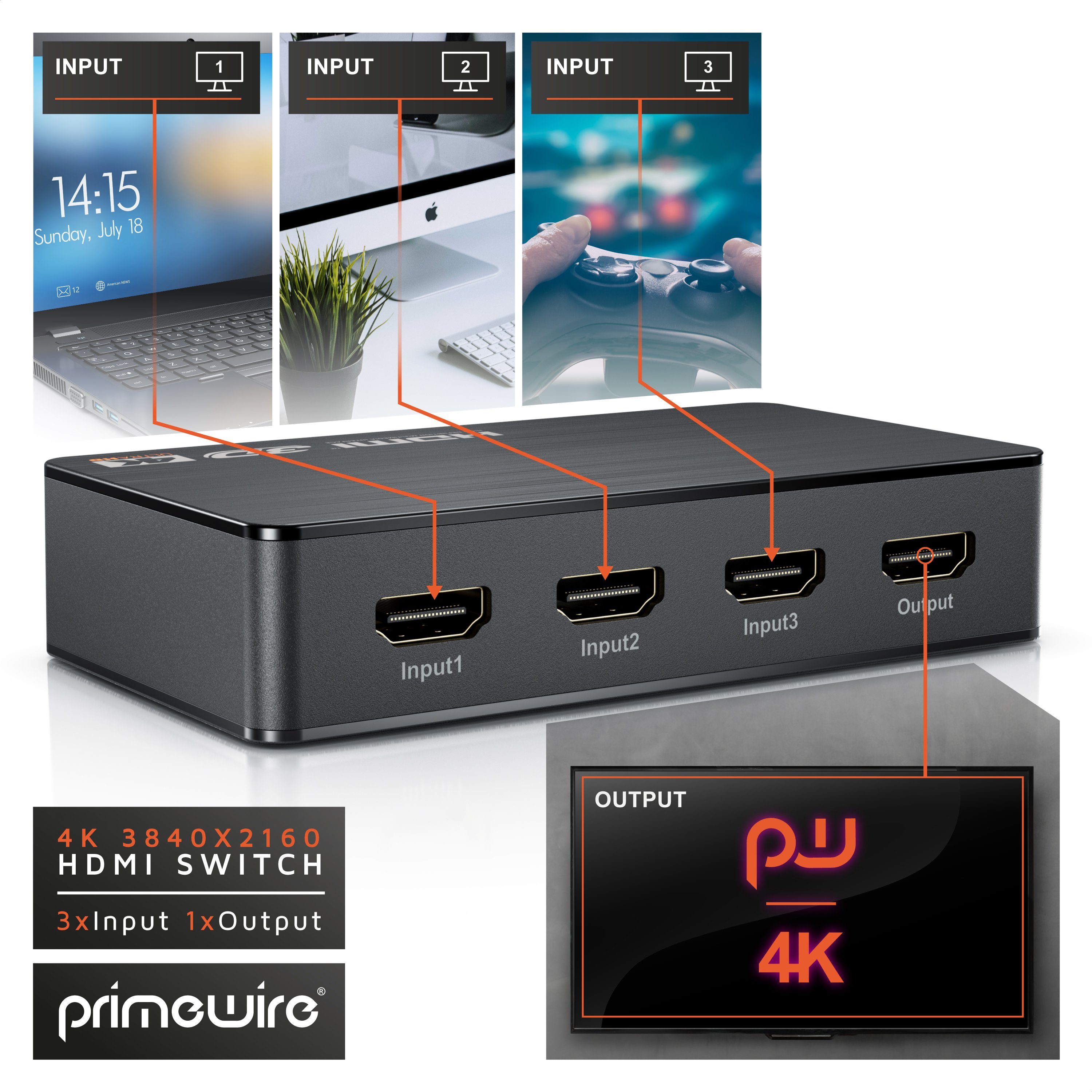 Primewire Audio / Video Matrix-Switch, HDMI 2.0b Verteiler 4k 60Hz UHD, 3 Port, Fernbedienung, Netzteil