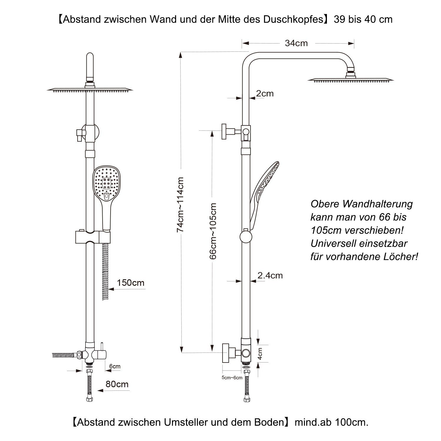 JOHO Duschsystem Chrom-Duschsystem, Duschvorrichtung, Dusch, Höhe 114 cm, 3 Strahlart(en), Überkopfbrauseset, Kopfbrause 20*20cm eckig