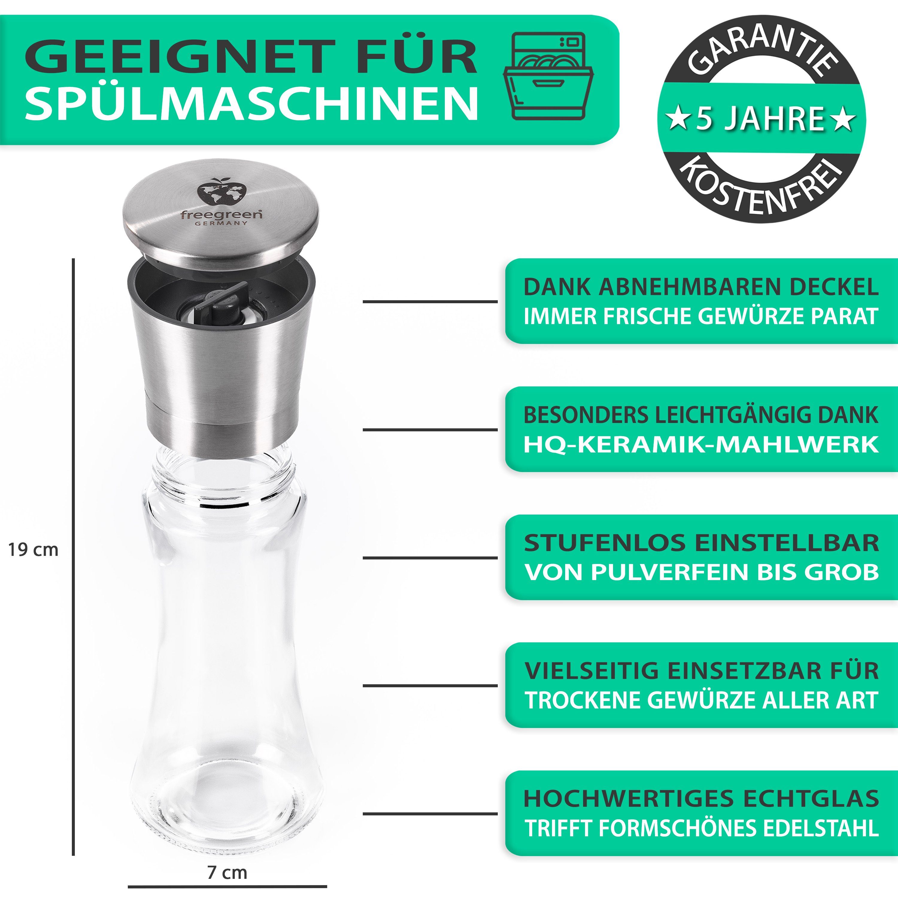 freegreen® Gewürzmühle PREMIUM Salz und Pfeffermühle 19cm 2er Set + Clean Eating Kochbuch Manuell für ein einzigartig gleichmäßiges Mahlergebnis!, mit verstellbarem Keramik-Mahlwerk und Geschenkverpackung