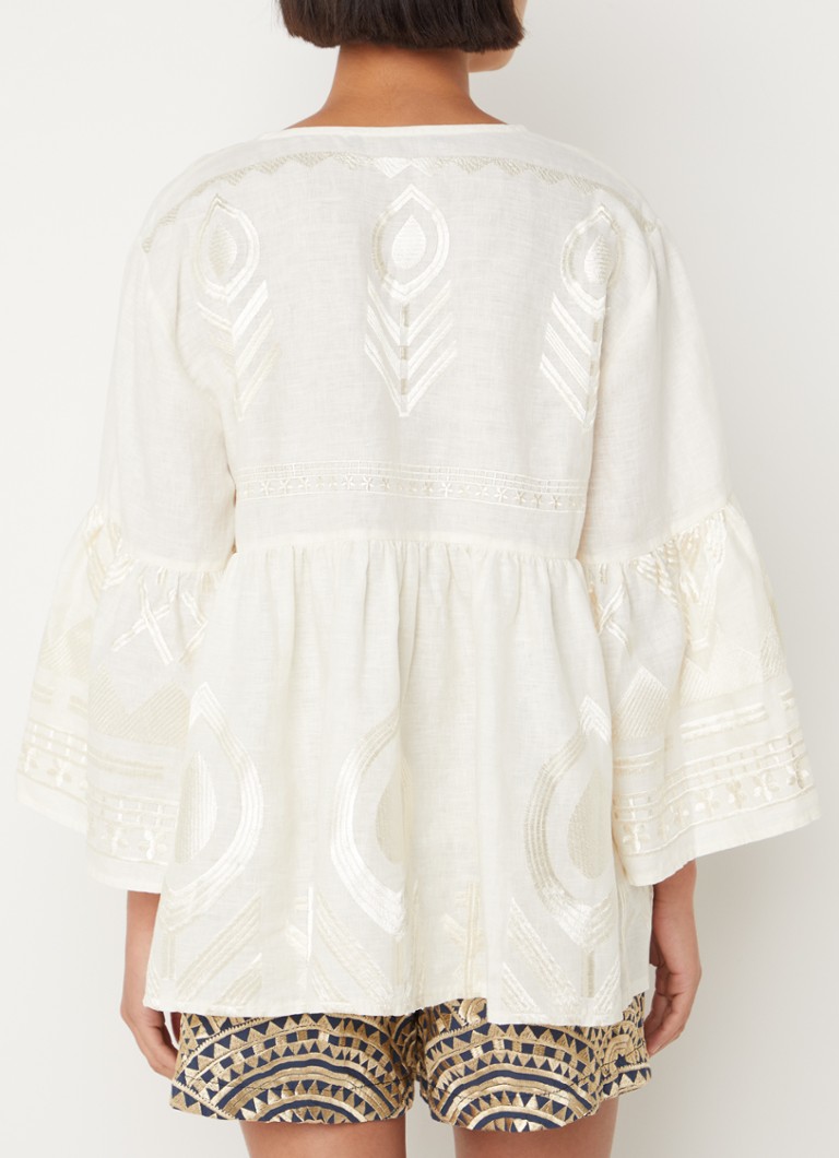 Greek Archaic Kori Linen tunic with embroidery and trumpet sleeves