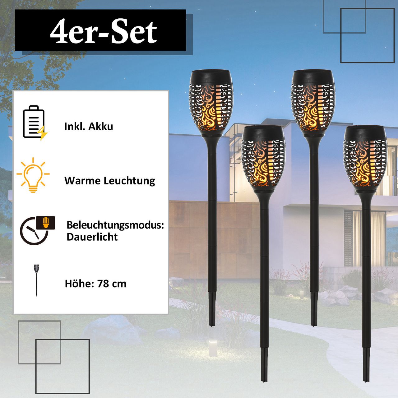 Outsunny Solarleuchte Gartenlicht 4er-Set Lampe 6–8 h IP44 Wasserfest Kunststoff Schwarz Ø12 x H78 cm