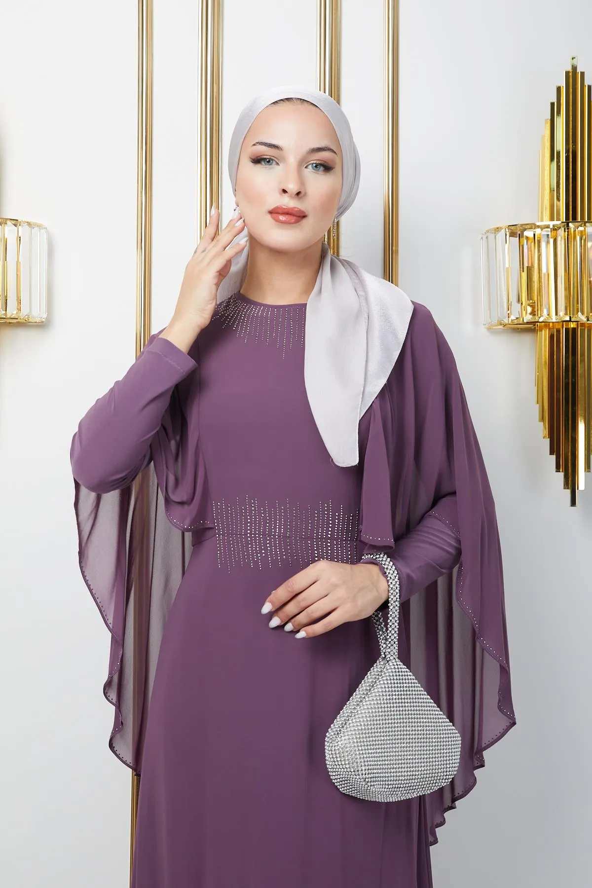 Olcay  Chiffon-Hijab-Abendkleid mit Stein- und Umhangdetails LILA 1650