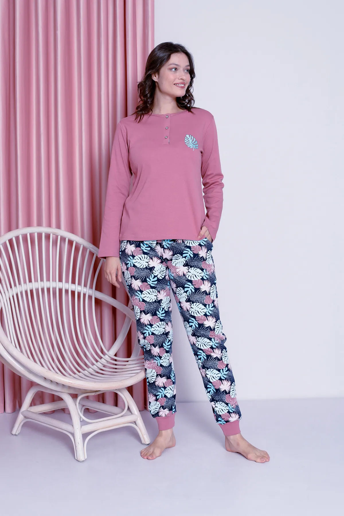 AHENGİM  Pyjama-Set für Damen, junges Blattmuster, gerippte Baumwolle mit Beinen, saisonal, W20482255