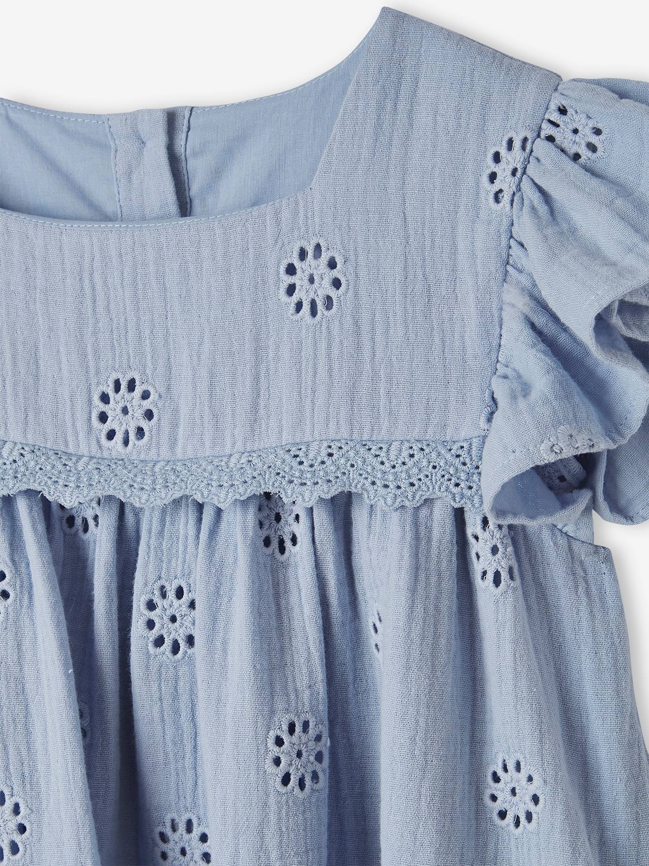 Robe en gaze de coton brodée fleurs fille rose poudré