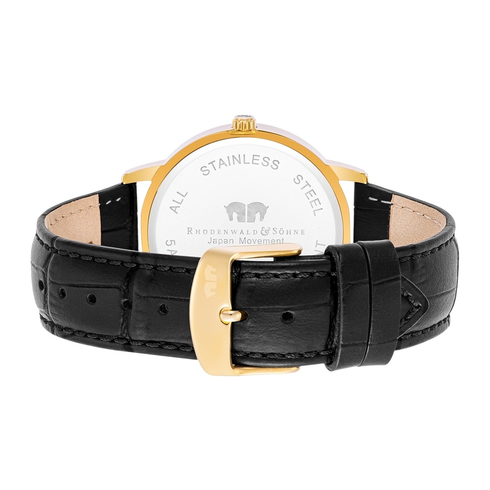 Rhodenwald & Söhne Montre à quartz Moonlight en Or jaune Cuir véritable en Noir Montre