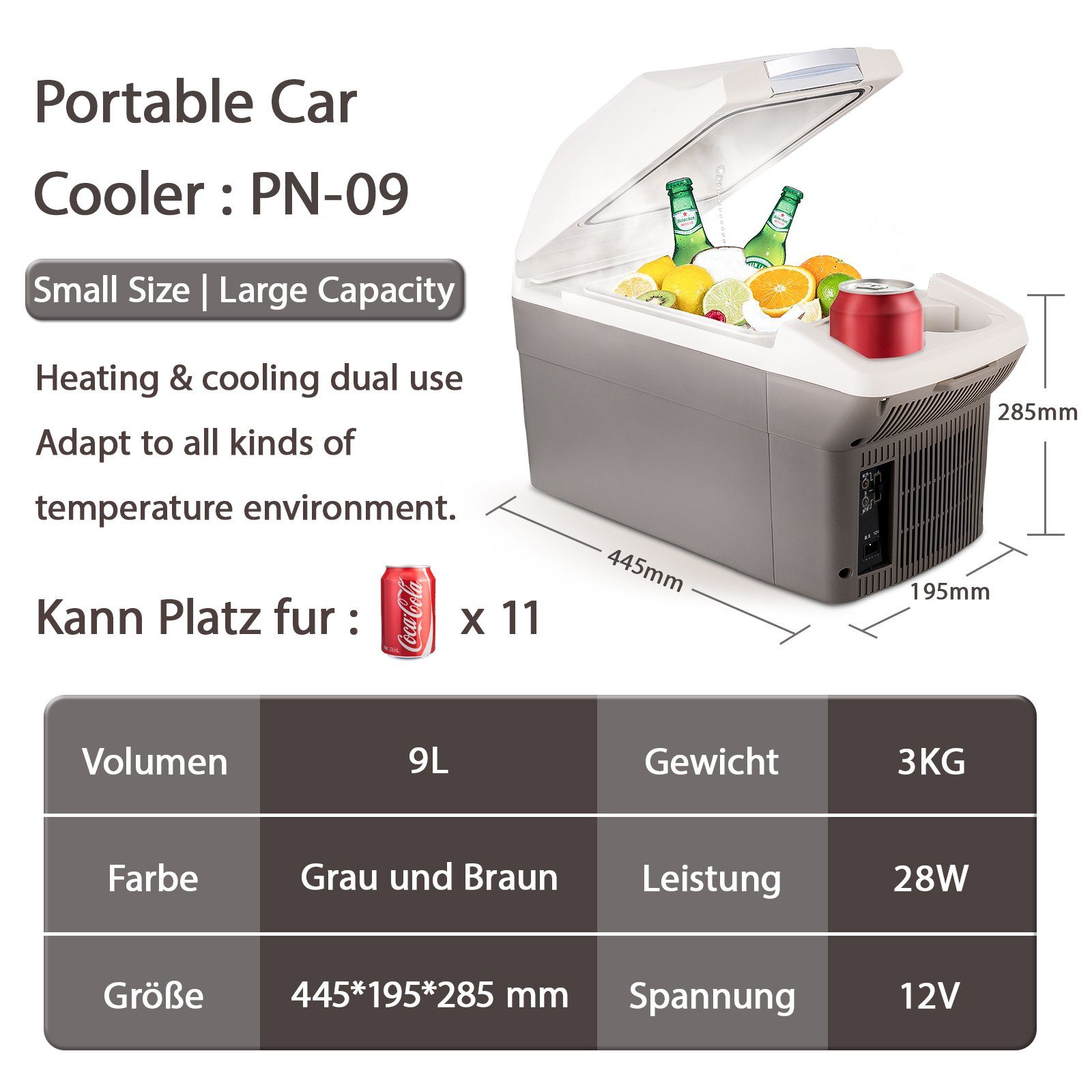 OKA Elektrische Kühlbox Kühl-Gefrierkombination für Auto, Camping und Outdoor, 9 l, Thermobehälter mit hoher Leistung, leicht und variabel einsetzbar
