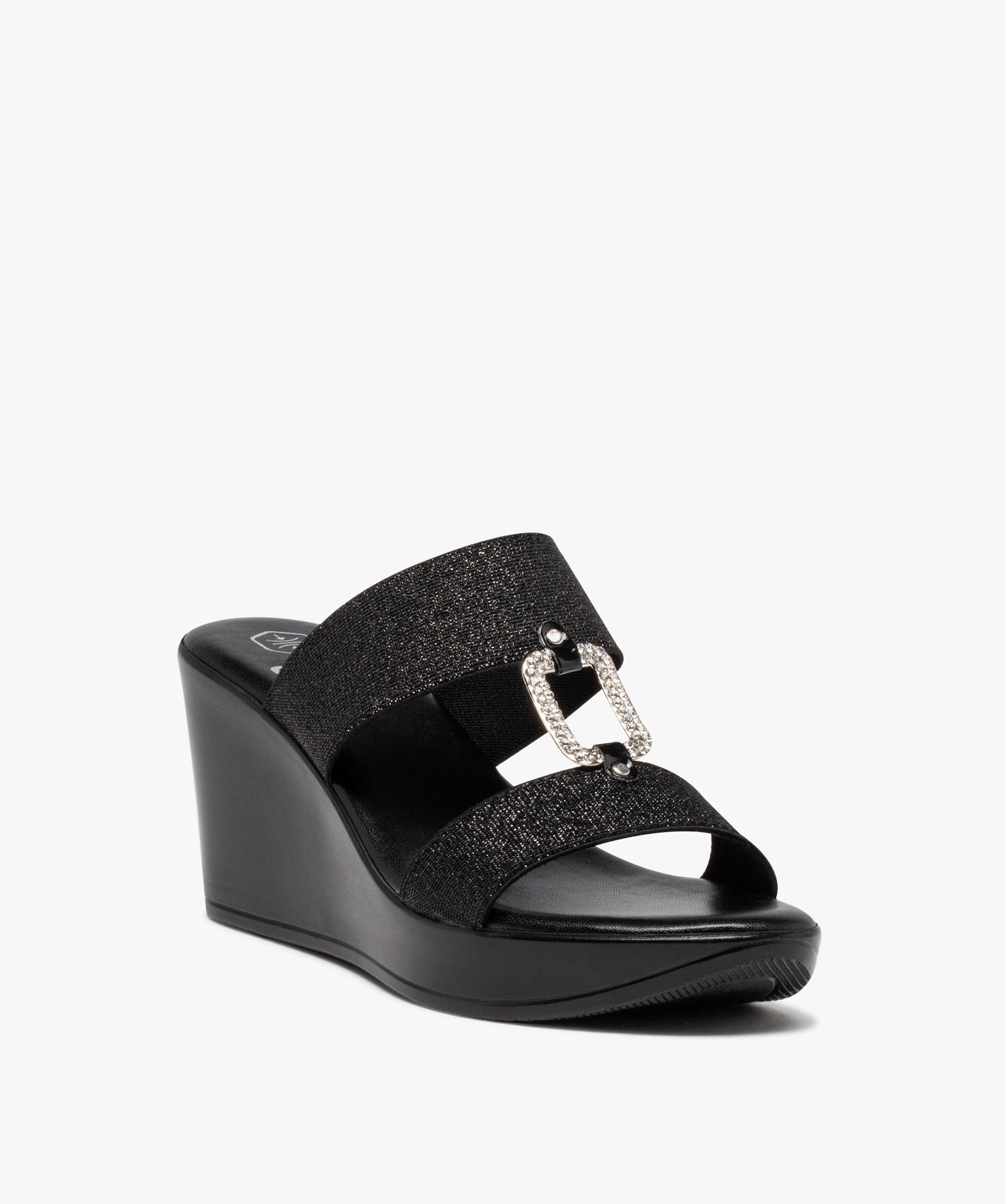 Mules femme compensées à brides élastiques et strass noir | GEMO