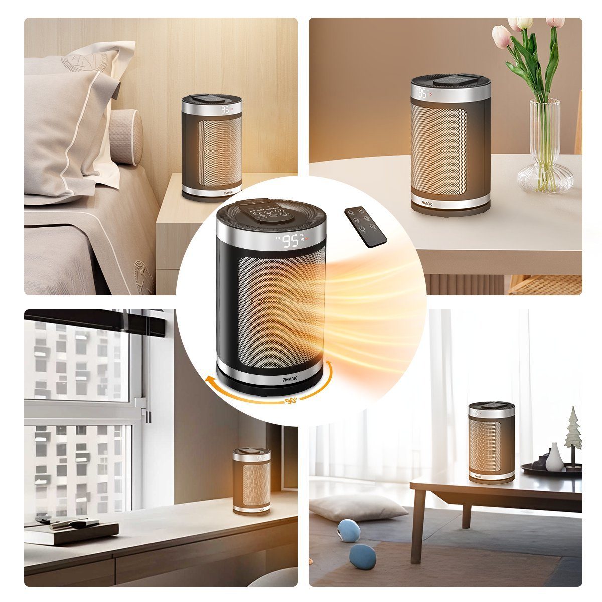 7Magic Heizlüfter Energiesparender Heizgerät 1500W Elektrischer PTC Keramik 4 Modus, 1500 W, mit Thermostat, 12 Std. Timer, 90° Oszillierend Elektroheizung