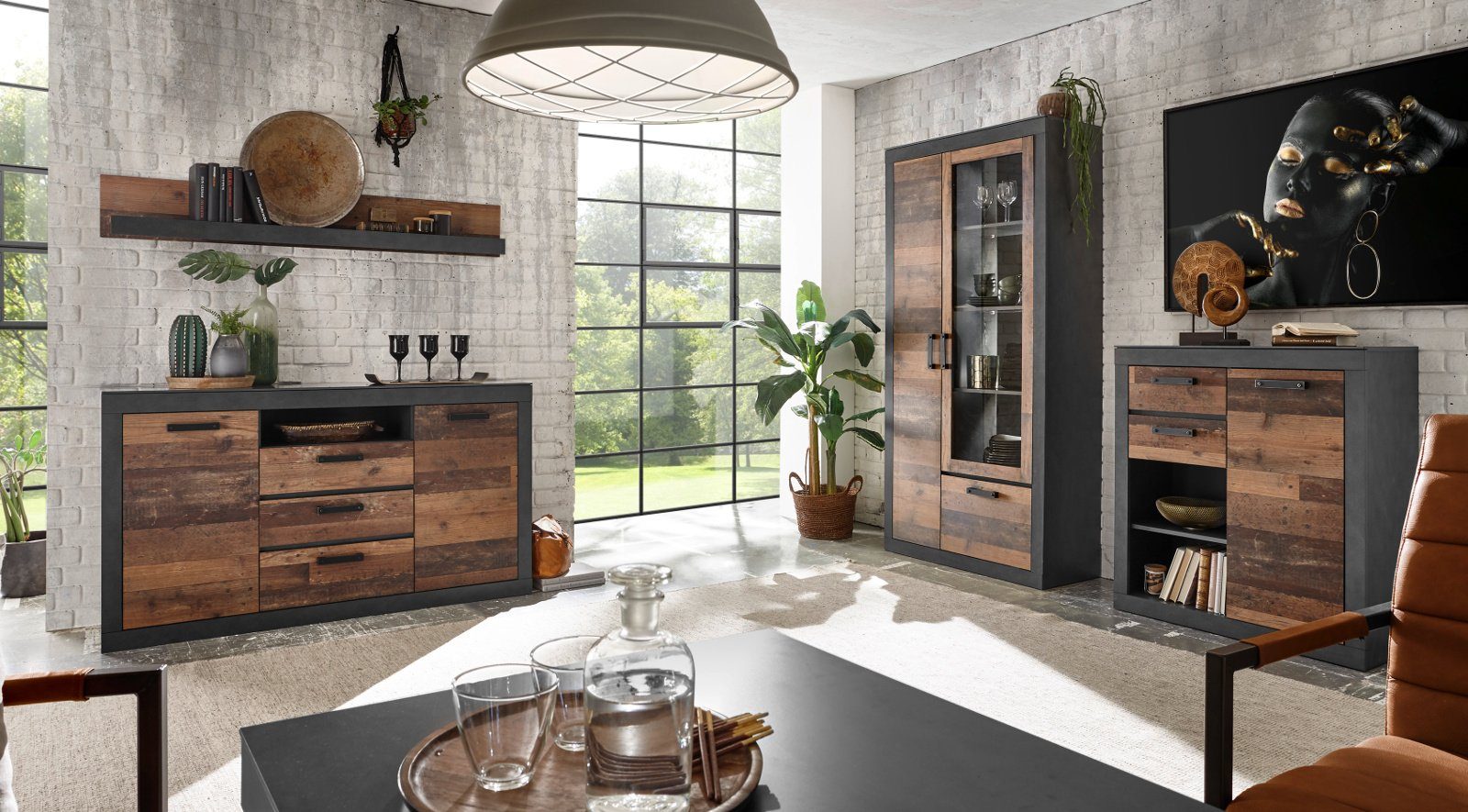 Furn.Design Wohnwand Ward, (Schrankwand in Used-Wood-Design, 3-teilig, ca. 260 x 201 cm), mit viel Stauraum
