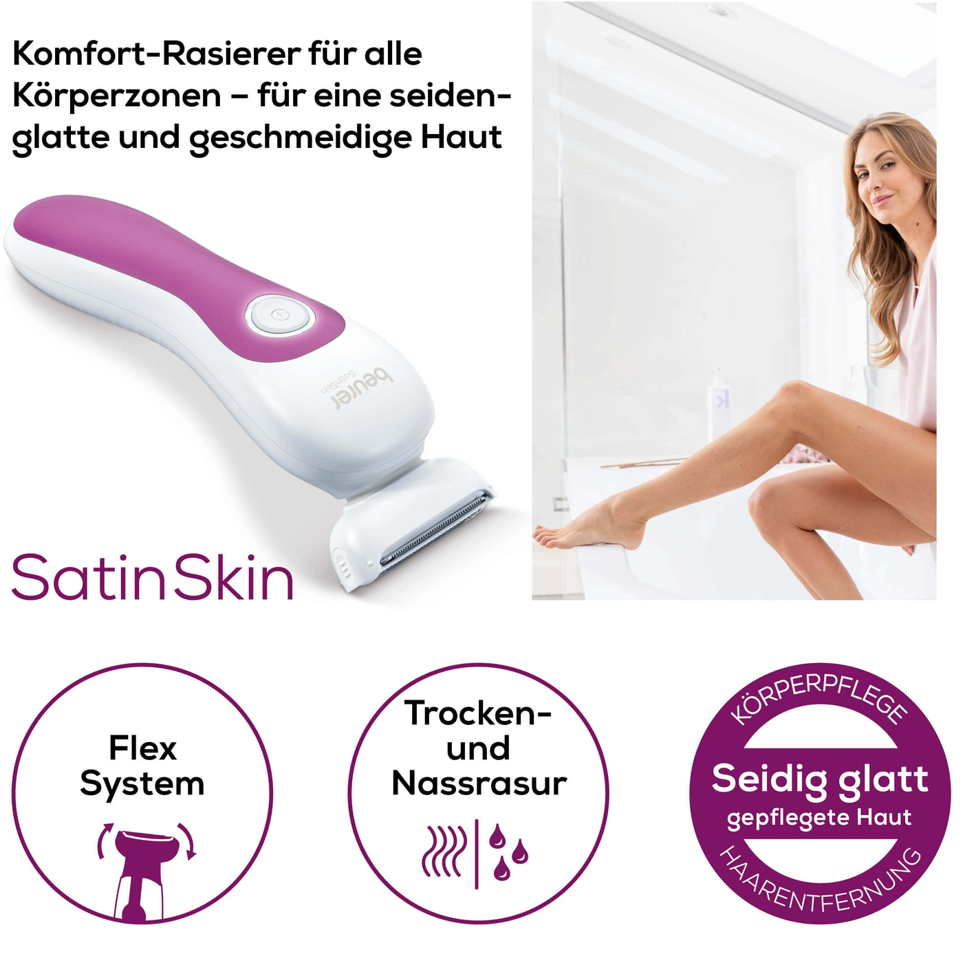 Beurer Rasierer HL 36-Damenrasierer mit Peeling-, Gleit- & 2 Trimmaufsätzen für Nass- & Trockenrasur