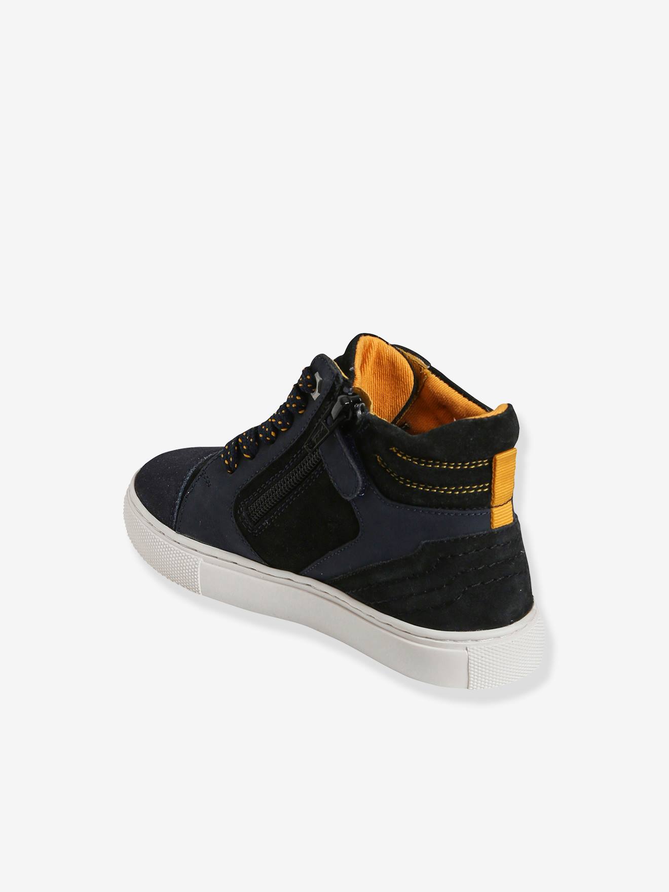 Baskets montantes cuir lacées et zippées garçon marine
