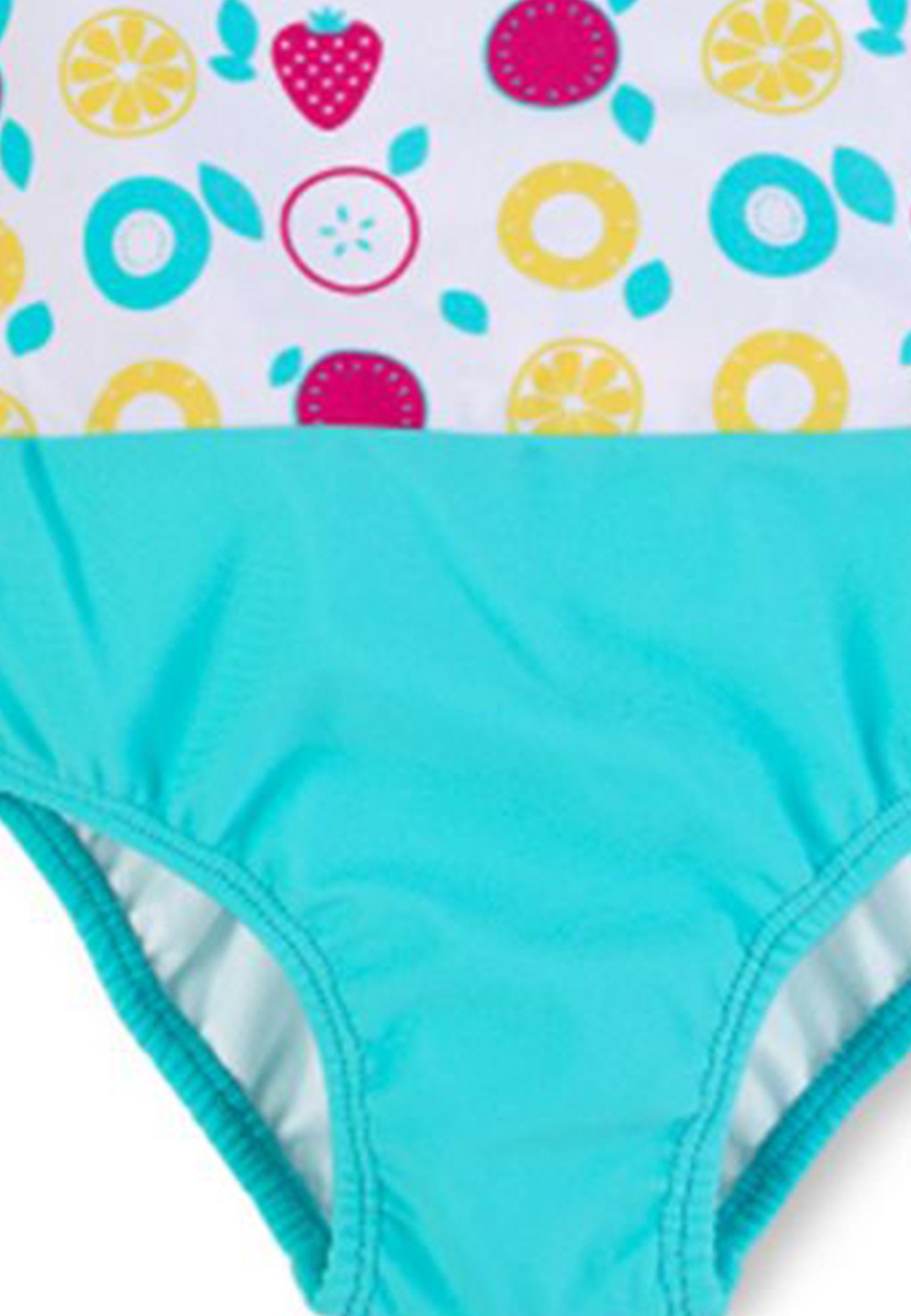 Sterntaler® Badeanzug Badeanzug uni + Früchte Kinderbadeanzug - Badeanzug in Weiß mit Rüschenträgern und Früchte Print - Baby Badebekleidung mit UV-Schutz 50+ und Windeleinsatz