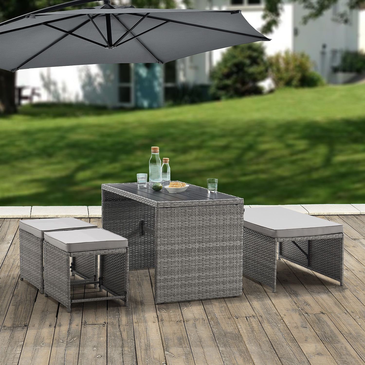 Juskys Gartenlounge-Set Jamaika, 2in1 Polyrattan Set, wetterbeständig