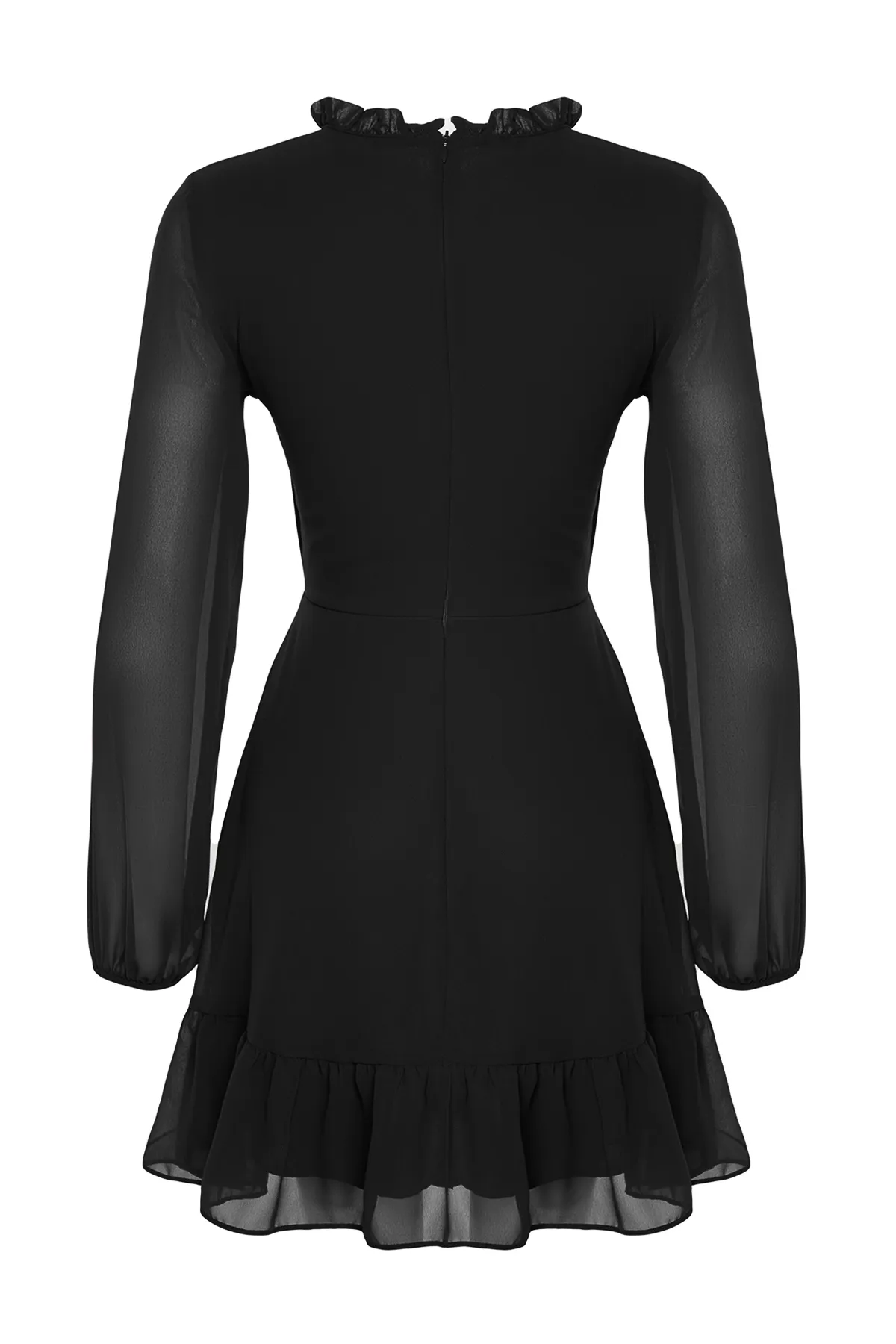Trendyol Collection  Schwarzes A-Linien-Minikleid mit Rüschendetail und Stehkragen aus Chiffon mit Futter TWOAW24EL00722