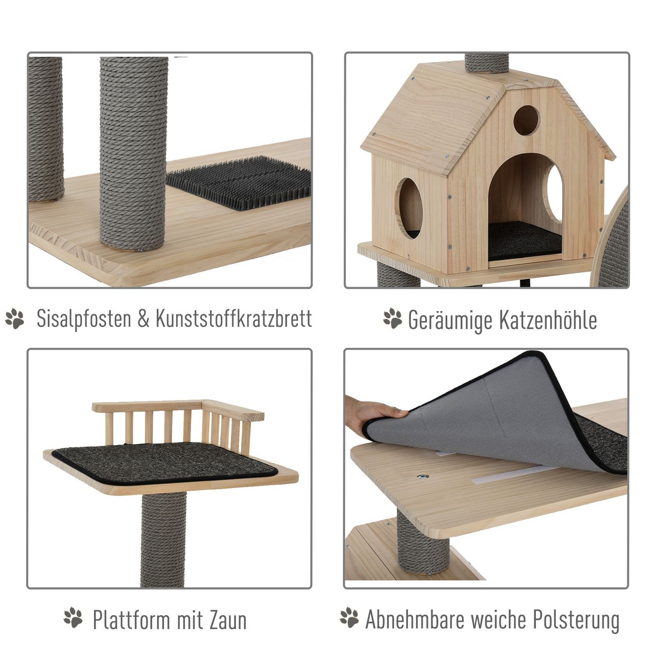 PawHut Katzenbaum mit Laufrad, 4-Stock Kratzbaum, Katzenhaus mit Sisalsäulen, Katzenhöhle, Massivholz 80 x 50 x 143 cm