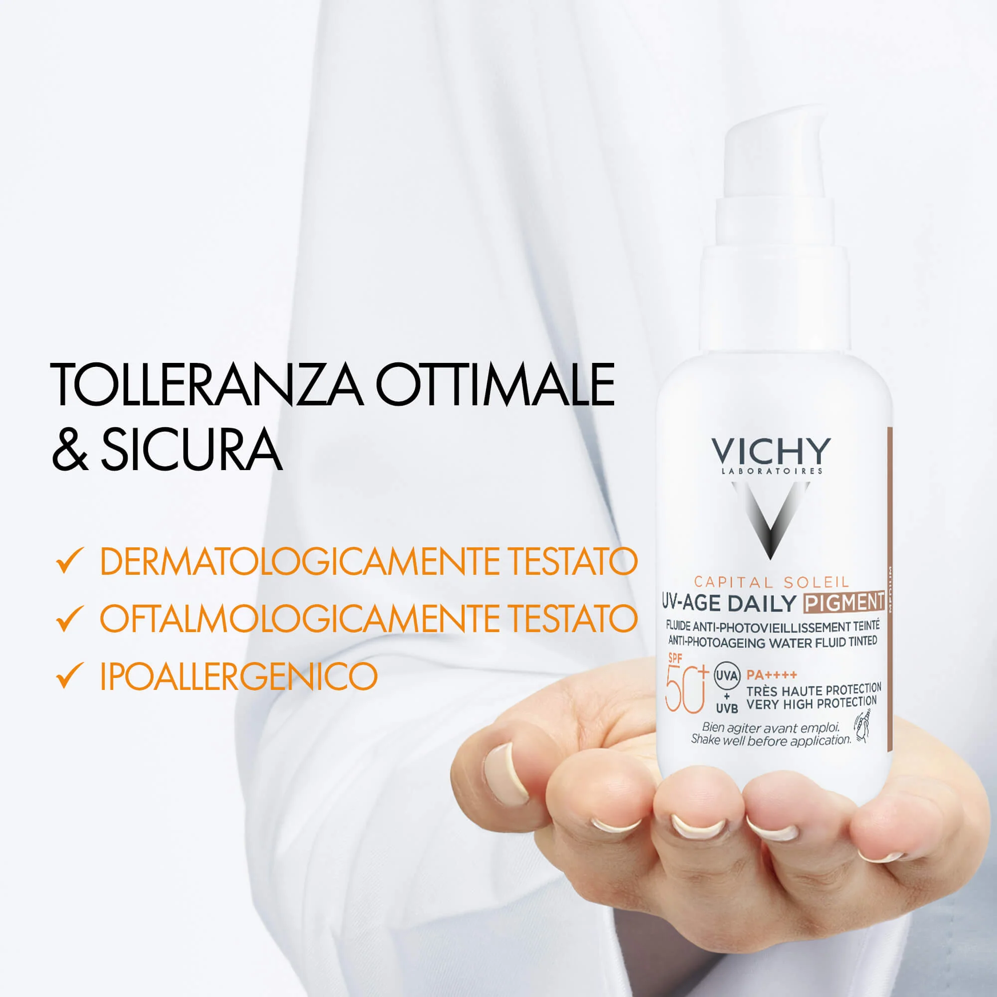 Capital Soleil UV-Age Daily Pigment Medium SPF50+ - Védőkezelések, Hidratáló színezett arckrém, Magas fokú védelmet nyújtó arcvédő.