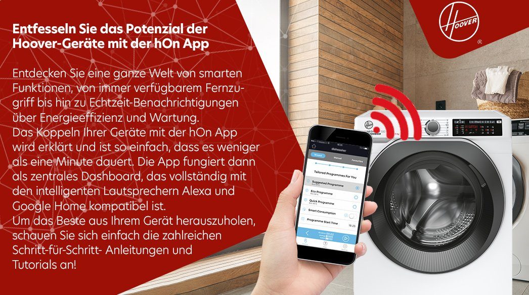 Hoover Waschtrockner HD 495AMBS/1-S, 9,00 kg, 5 kg, 1400 U/min, Active Steam, Mix-Power-System, WiFi & Bluetooth (hOn-App)