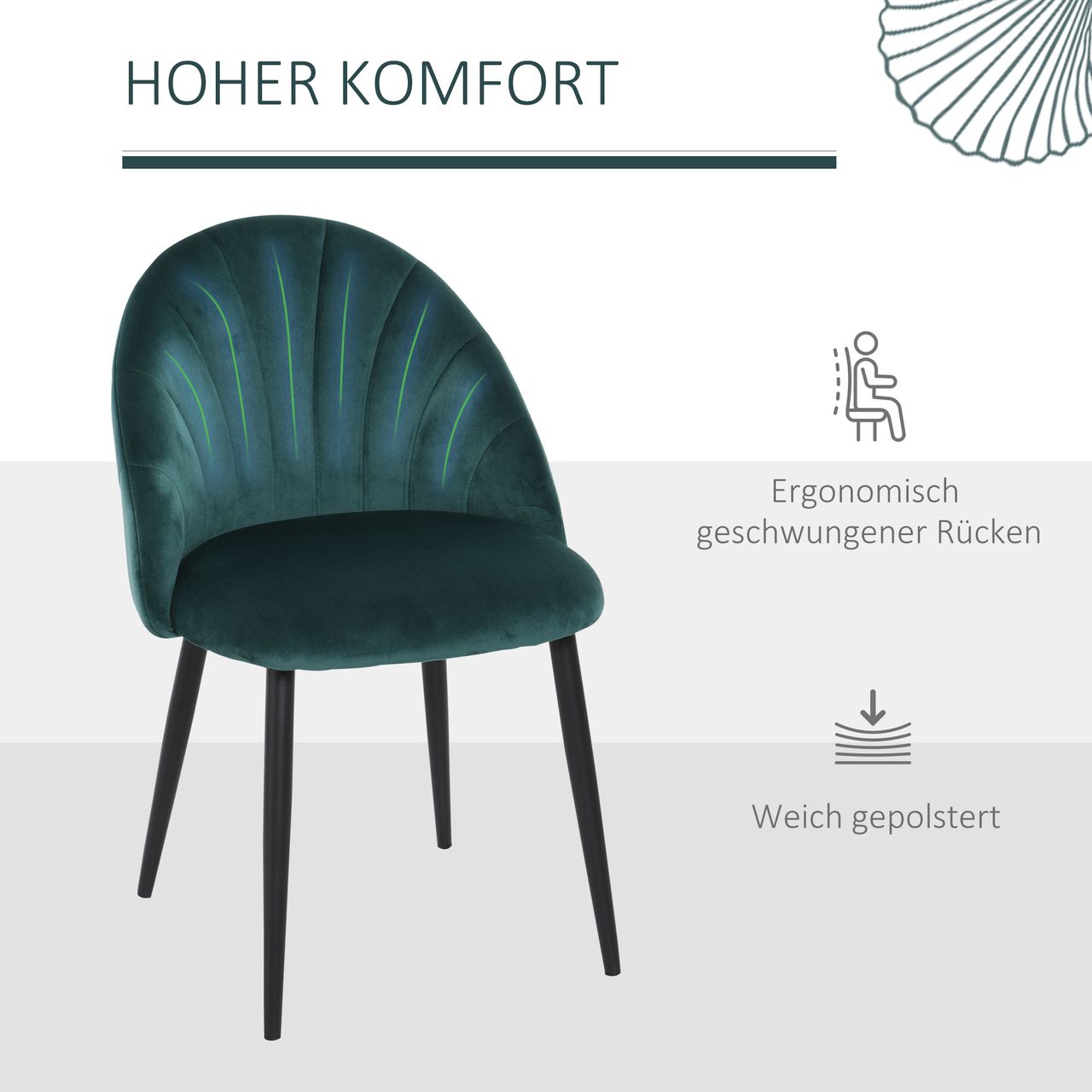 HOMCOM Esszimmerstühle 2er Set Küchenstuhl Wohnzimmerstuhl mit Rückenlehne Samt