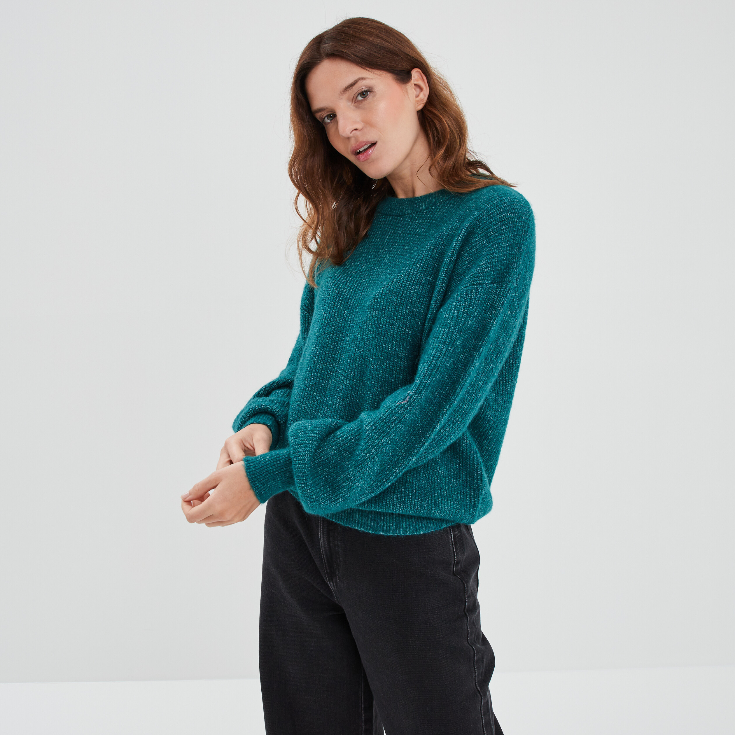 Pull col rond manches ballons bleu canard femme | La Halle